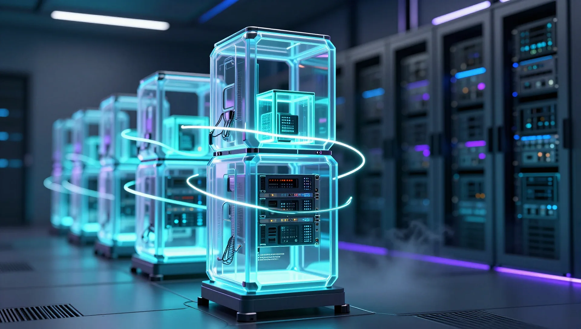 Glowing nested containers floating in a dark server room with teal and blue lighting.
