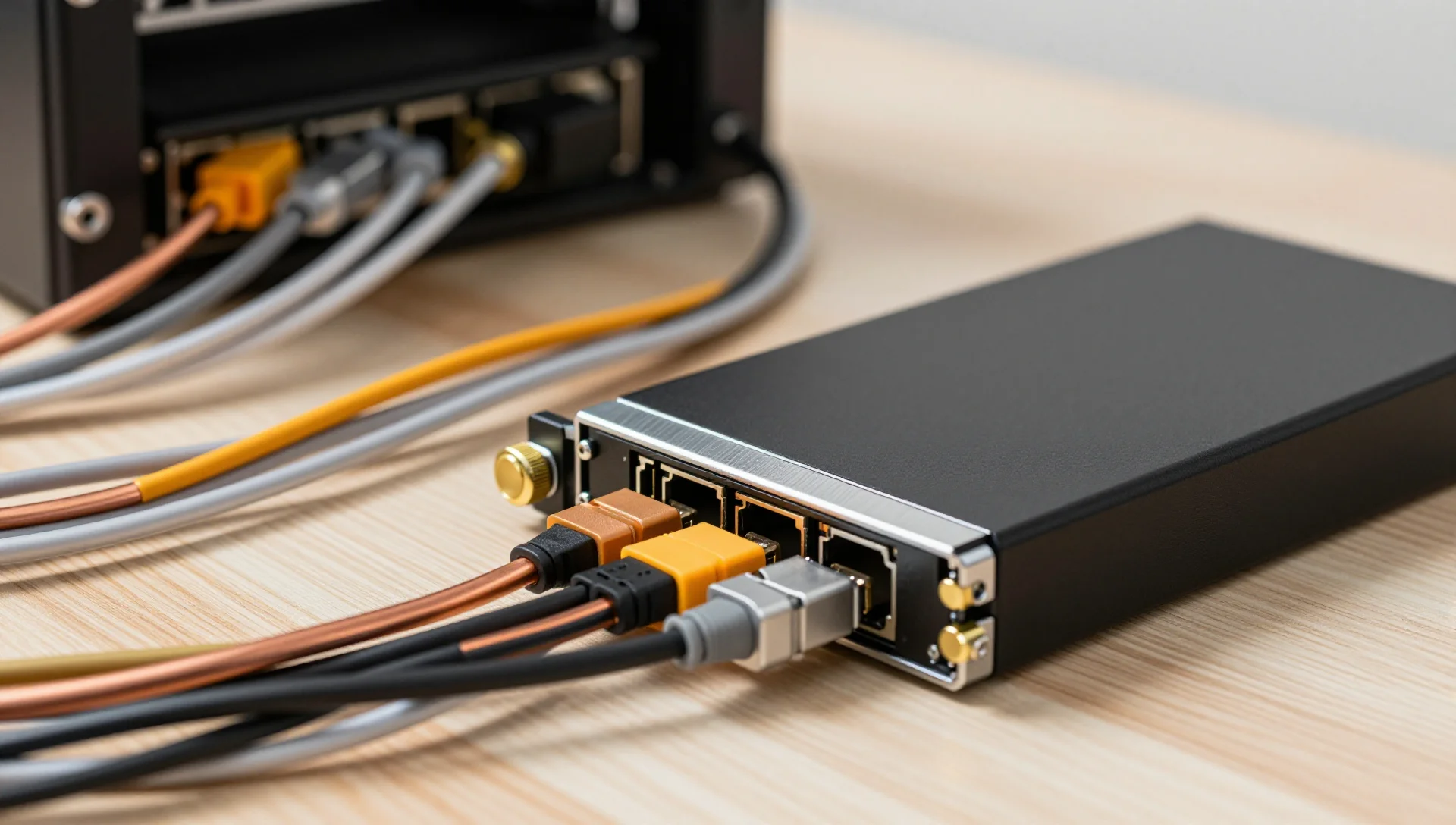 Server hardware being configured on a clean workbench, showing cables and knobs representing post-install settings.