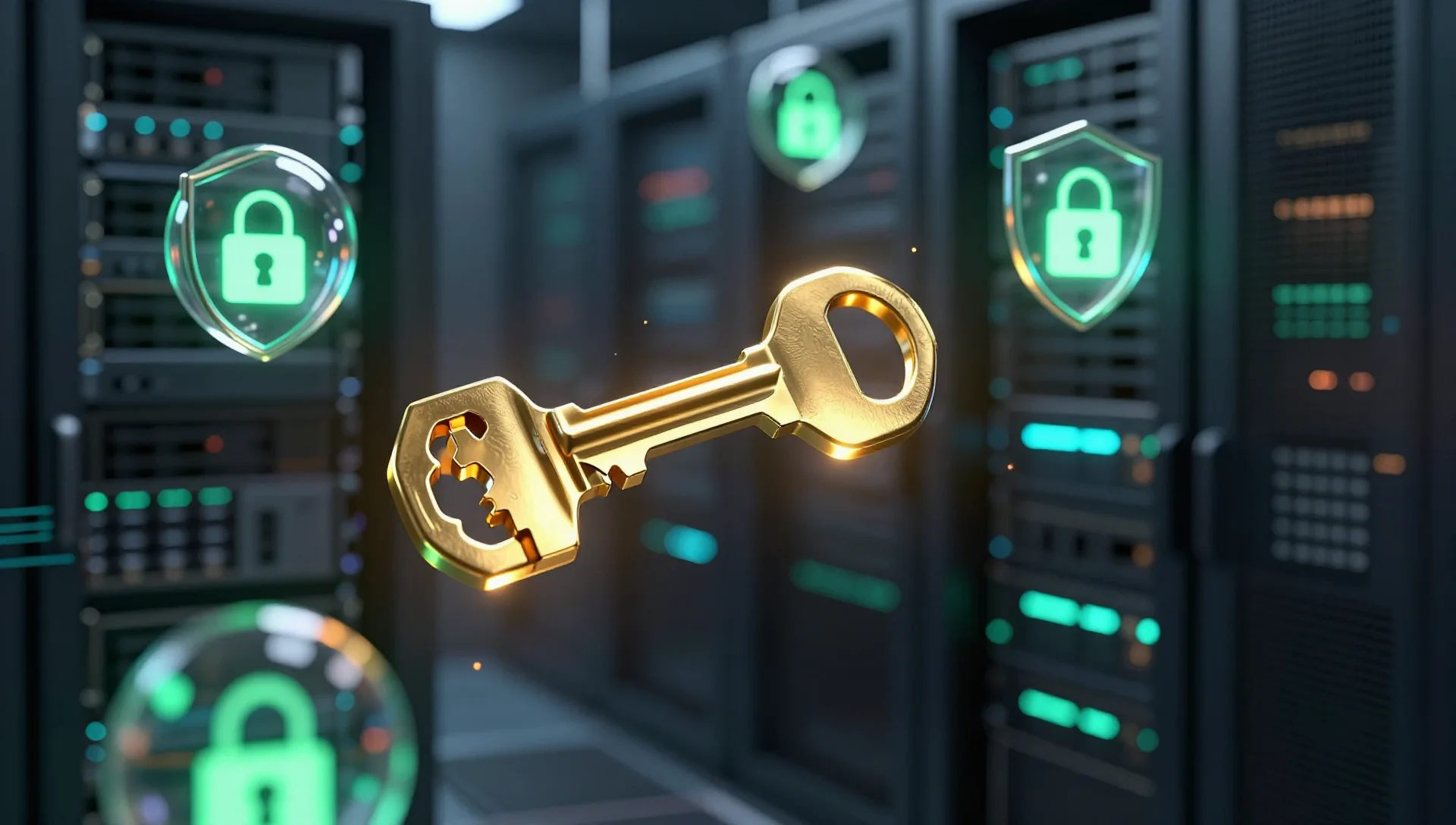 Glowing golden key splitting into smaller shielded sub-keys inside a dark server room.