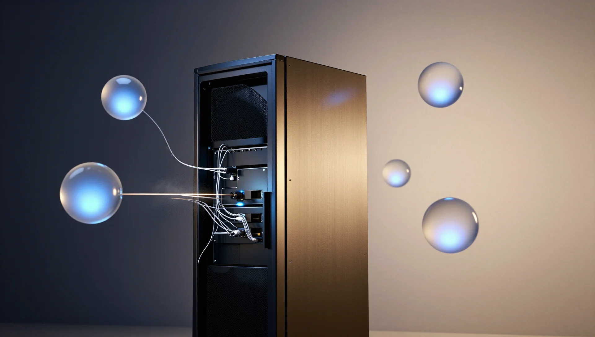 Server tower connected by cables to floating glowing spheres representing parallel backup streams.