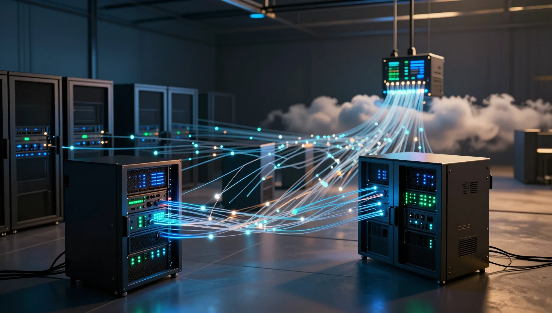 Data streams flowing from a server rack to a remote cloud node across a network.