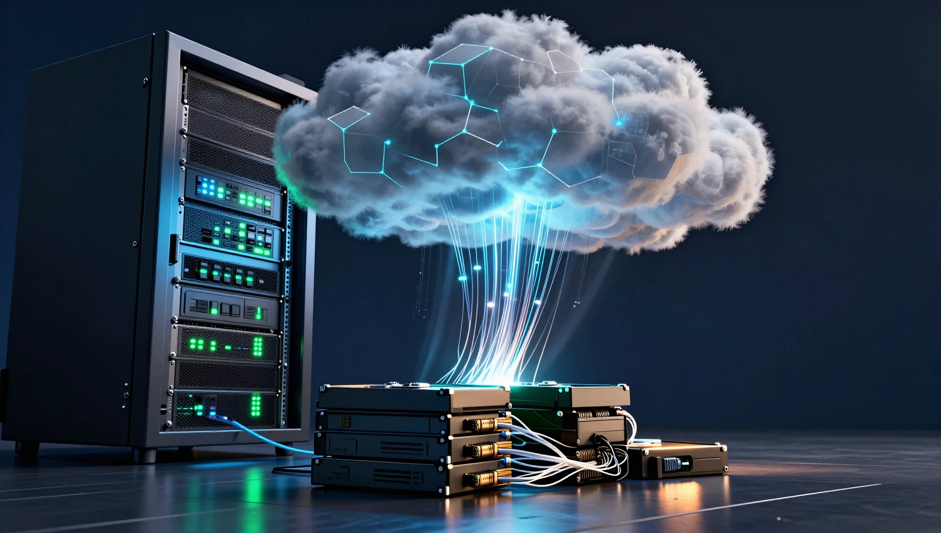 Server rack with glowing data streams connecting to cloud storage infrastructure above.