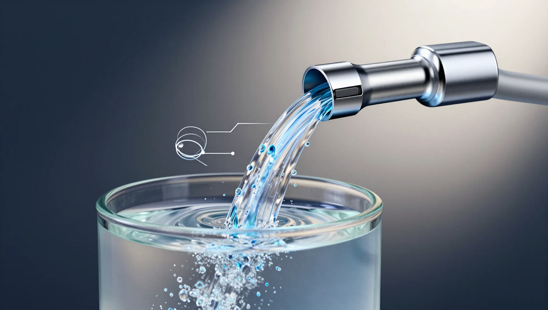 A glowing stream of azure data flows into a glass reservoir, guided by floating rings.