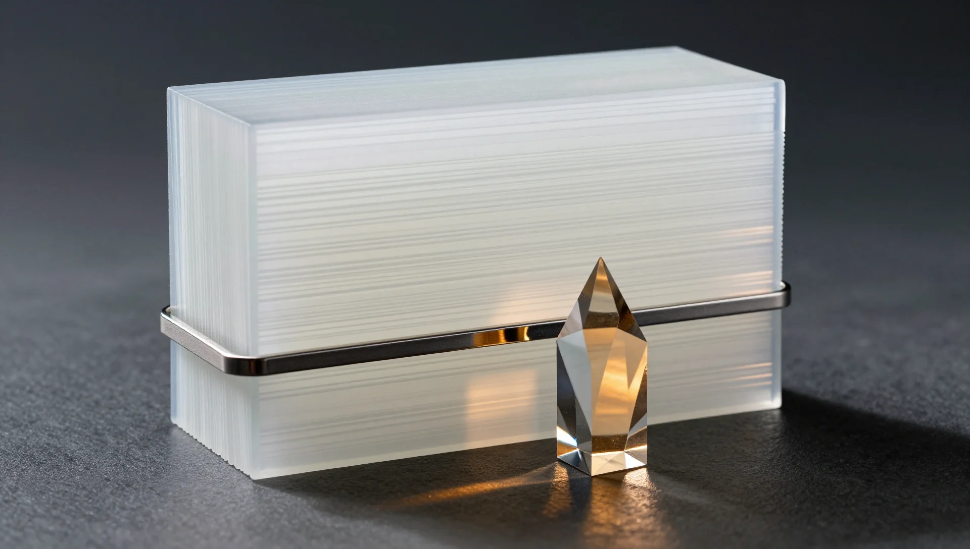 Compressed glass panels beside a light-catching crystal on dark stone.