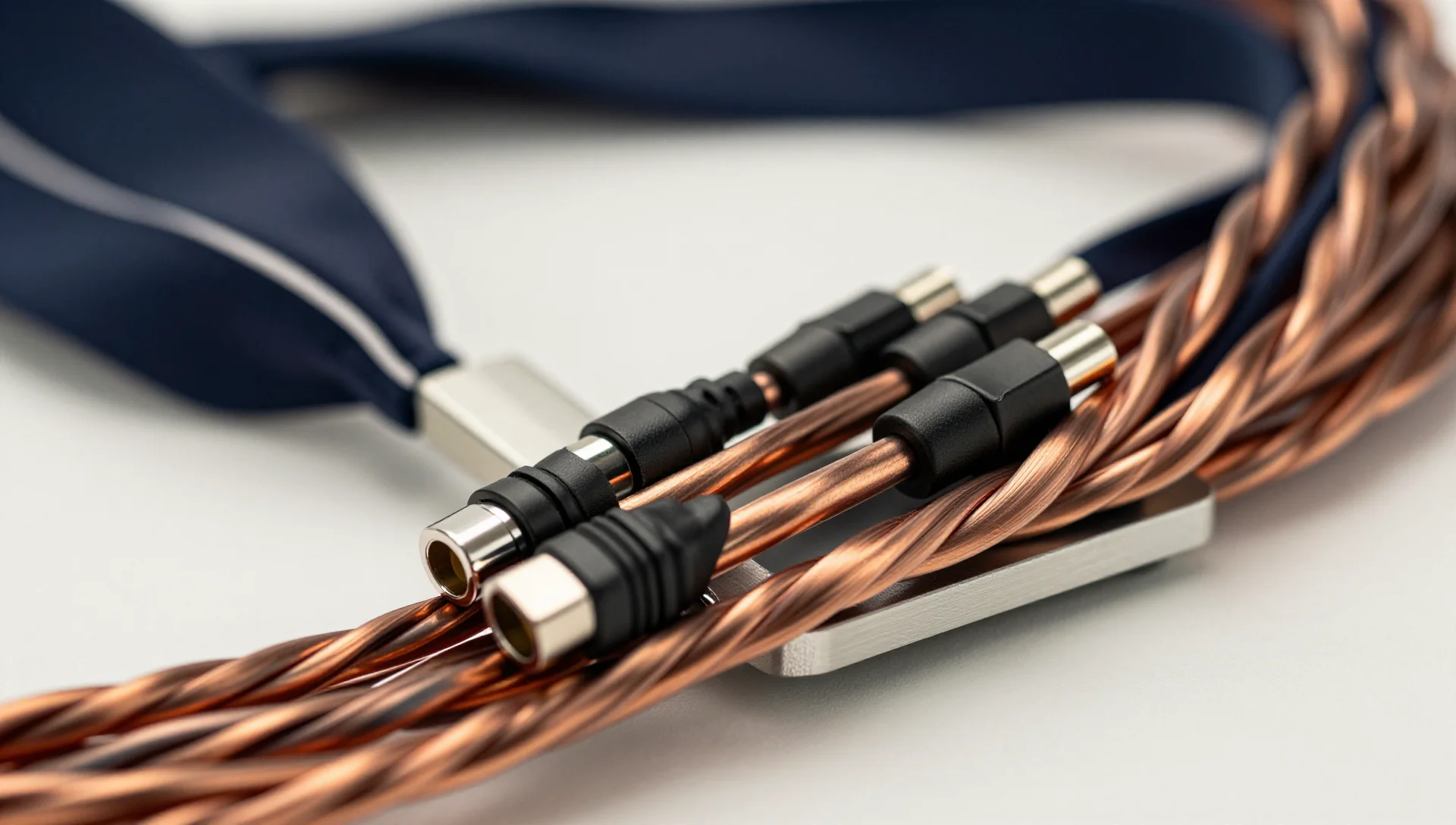 Braided network cables converging into one bundle on dark fabric.