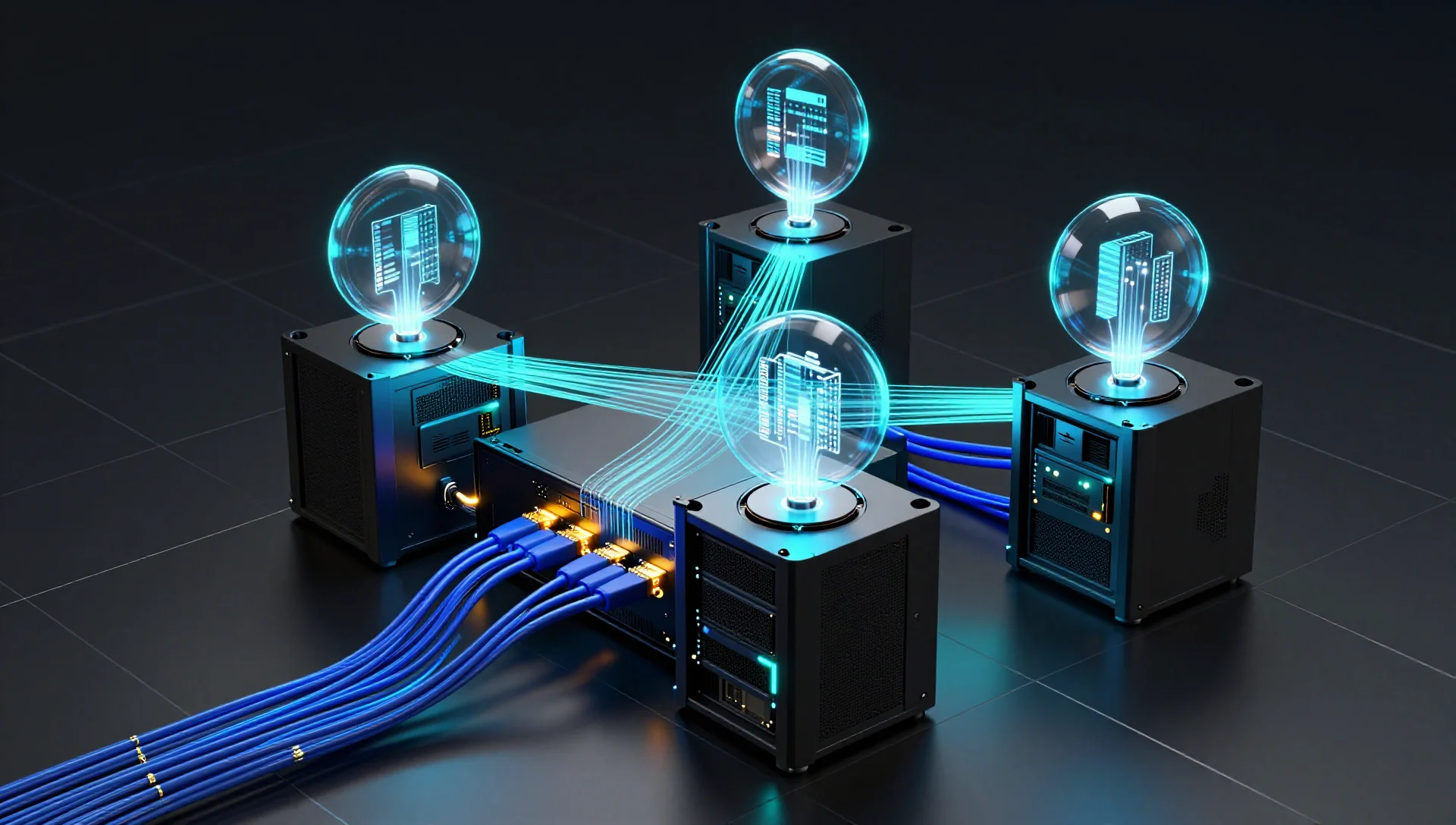Three interconnected servers with glowing data streams forming a distributed hyper-converged storage cluster.