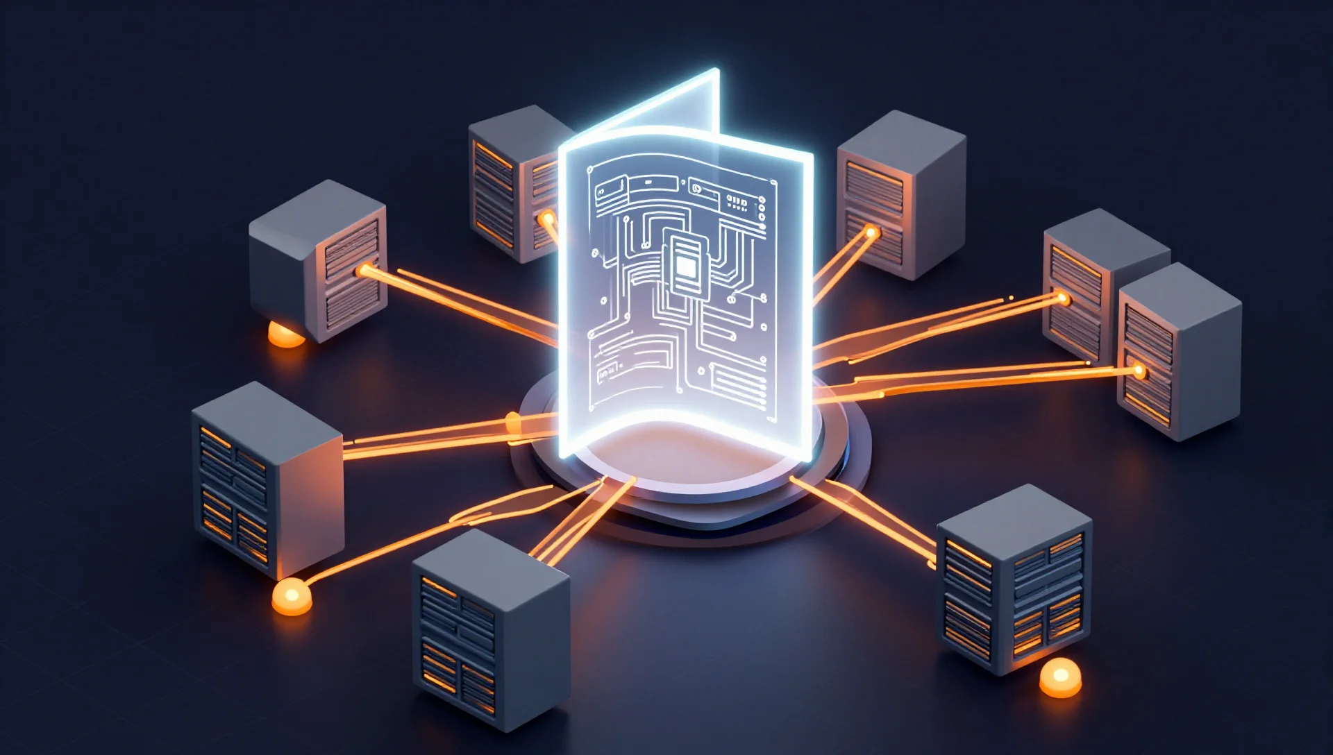 Cloud-init template blueprint with radiating VM clones connected by orange data streams