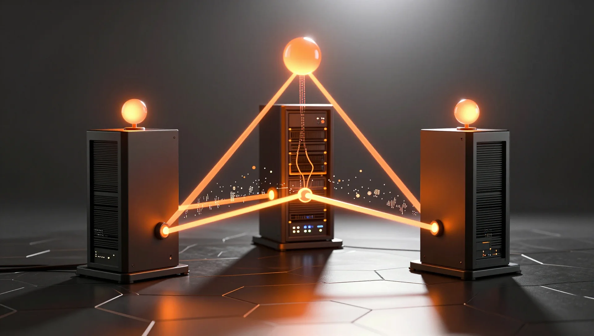 Three server nodes connected in triangle formation with central quorum orb