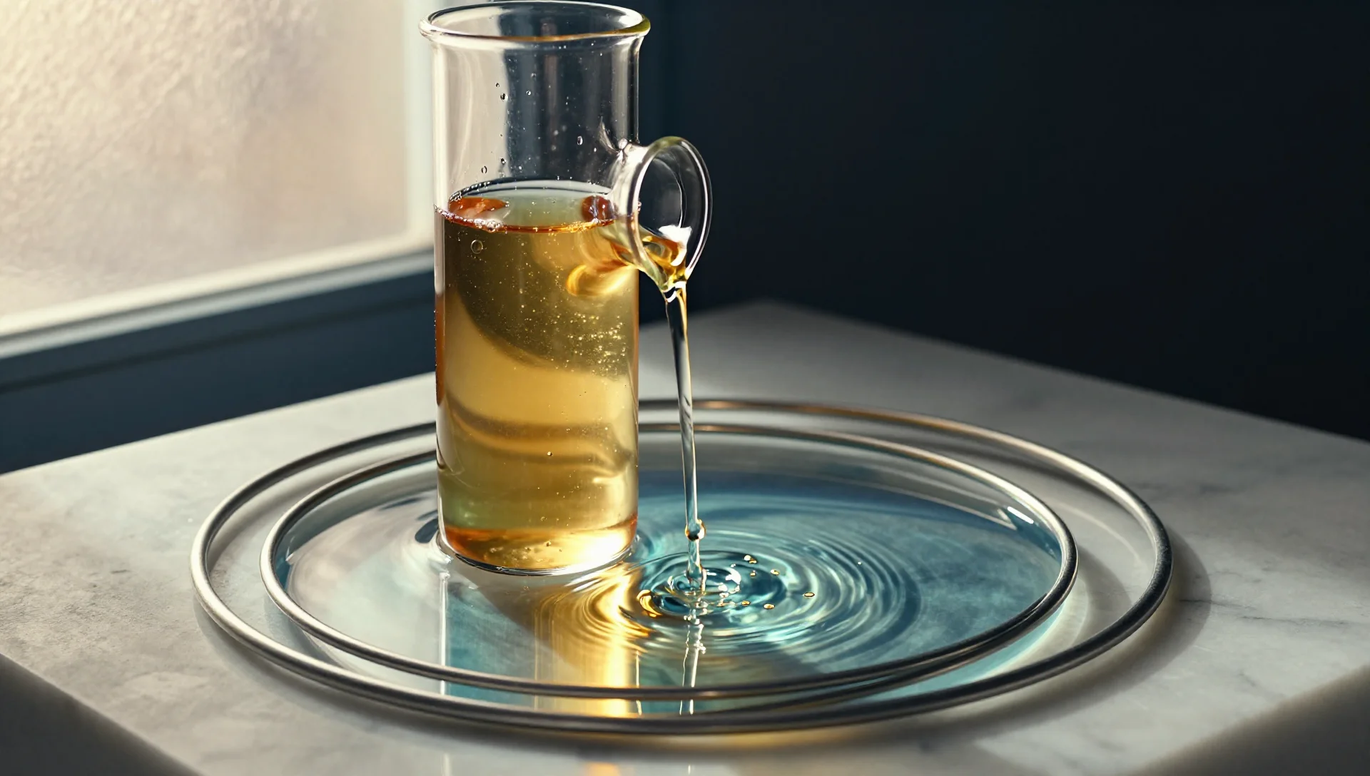 A glass vial of amber light pours into clear water on a white marble surface with soft glowing particles.