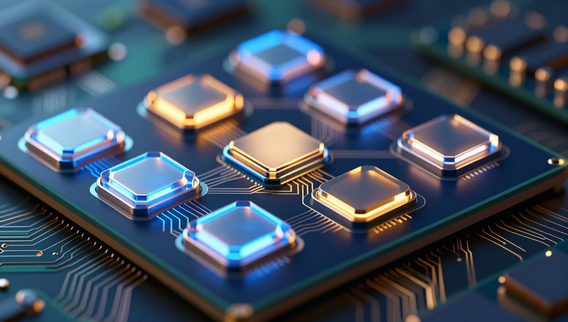 Illuminated CPU cores isolated in glowing boundaries on a dark processor die.