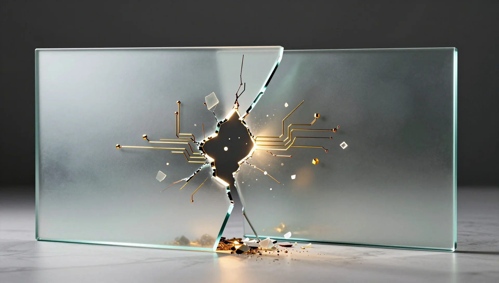 Frosted glass panels cracked open to reveal golden light spilling through onto scattered geometric shards.