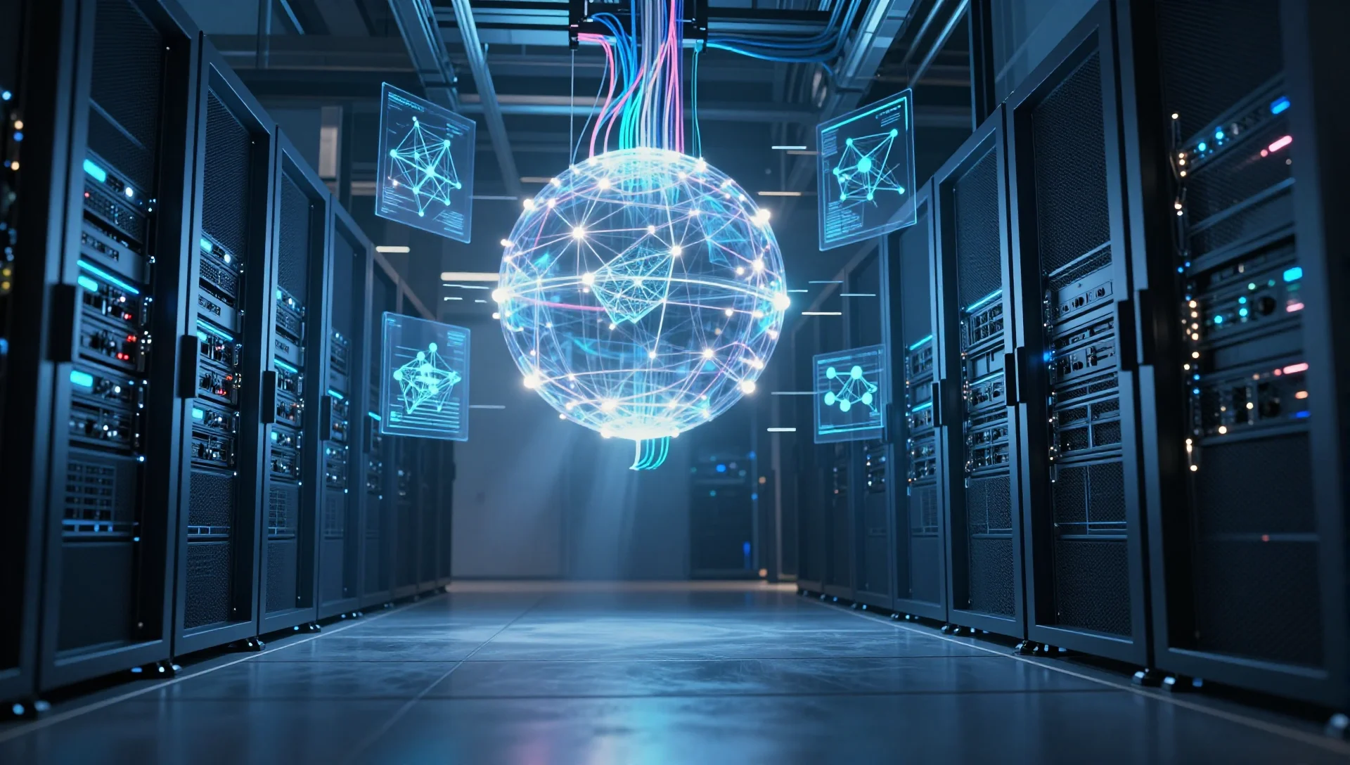 Futuristic server room with glowing racks converging into a central holographic control hub