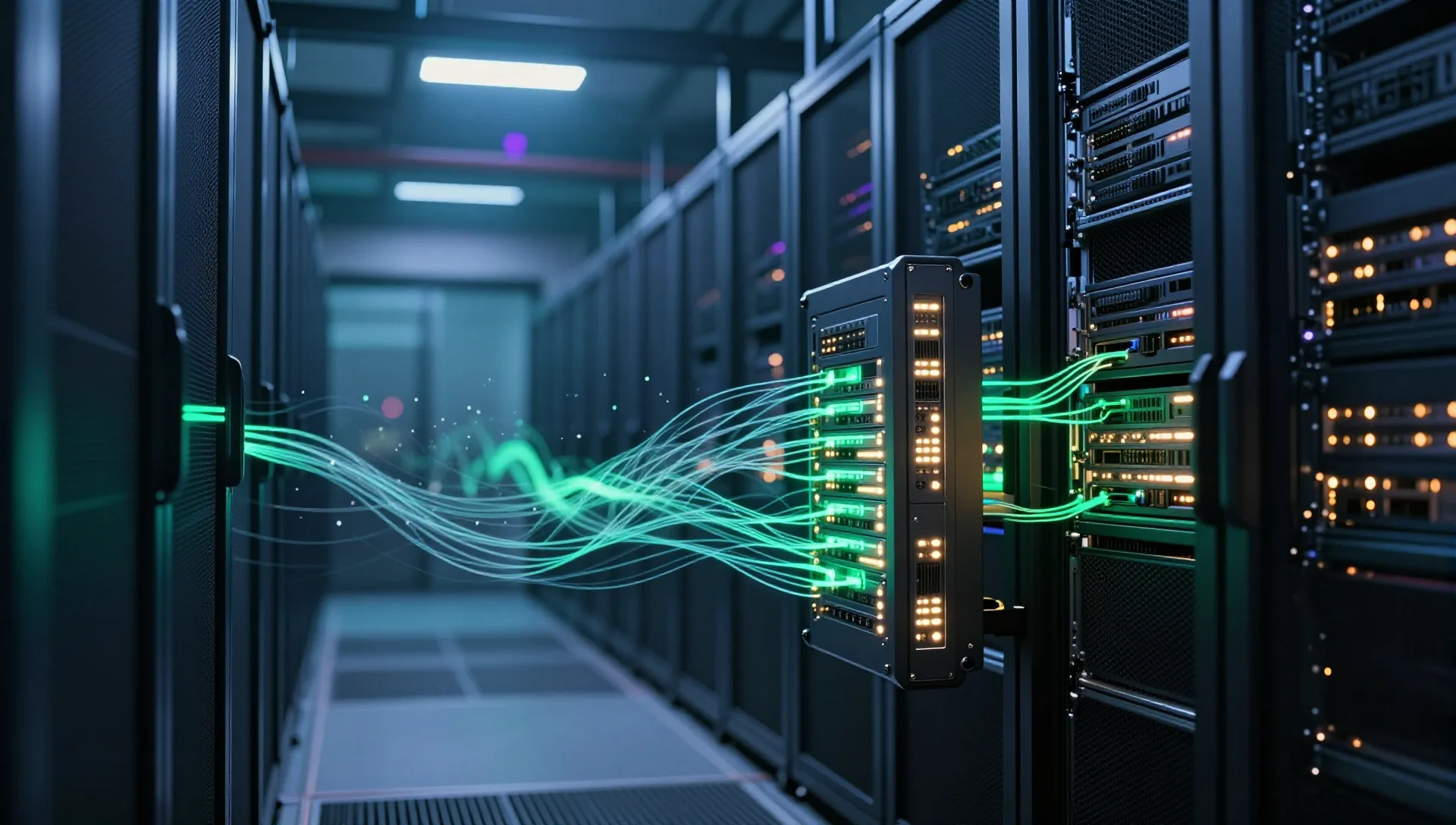 Futuristic datacenter with server racks connected by glowing automated network streams.
