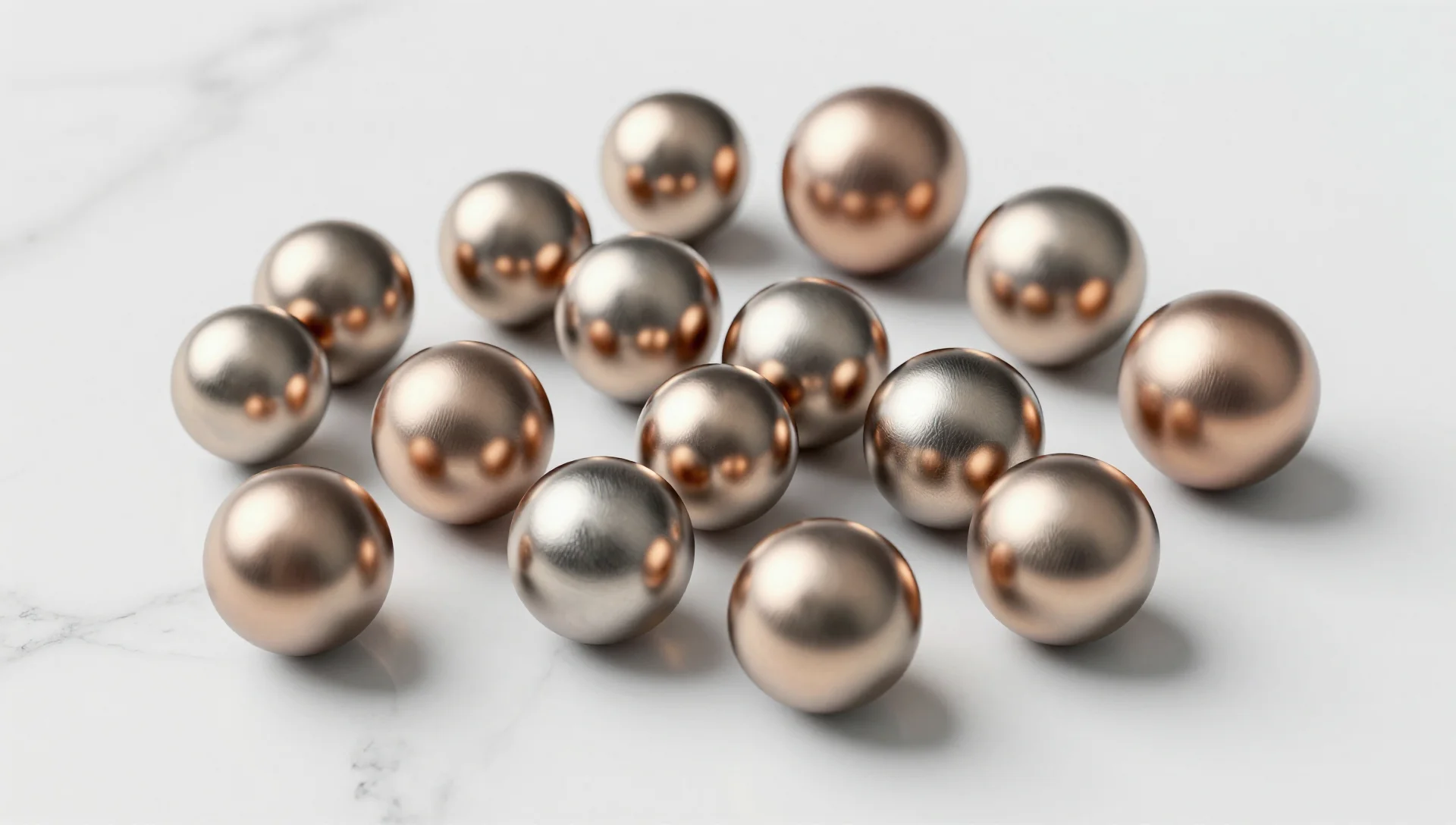 Polished steel spheres scattered across a white marble surface as if guided by invisible magnetic forces.