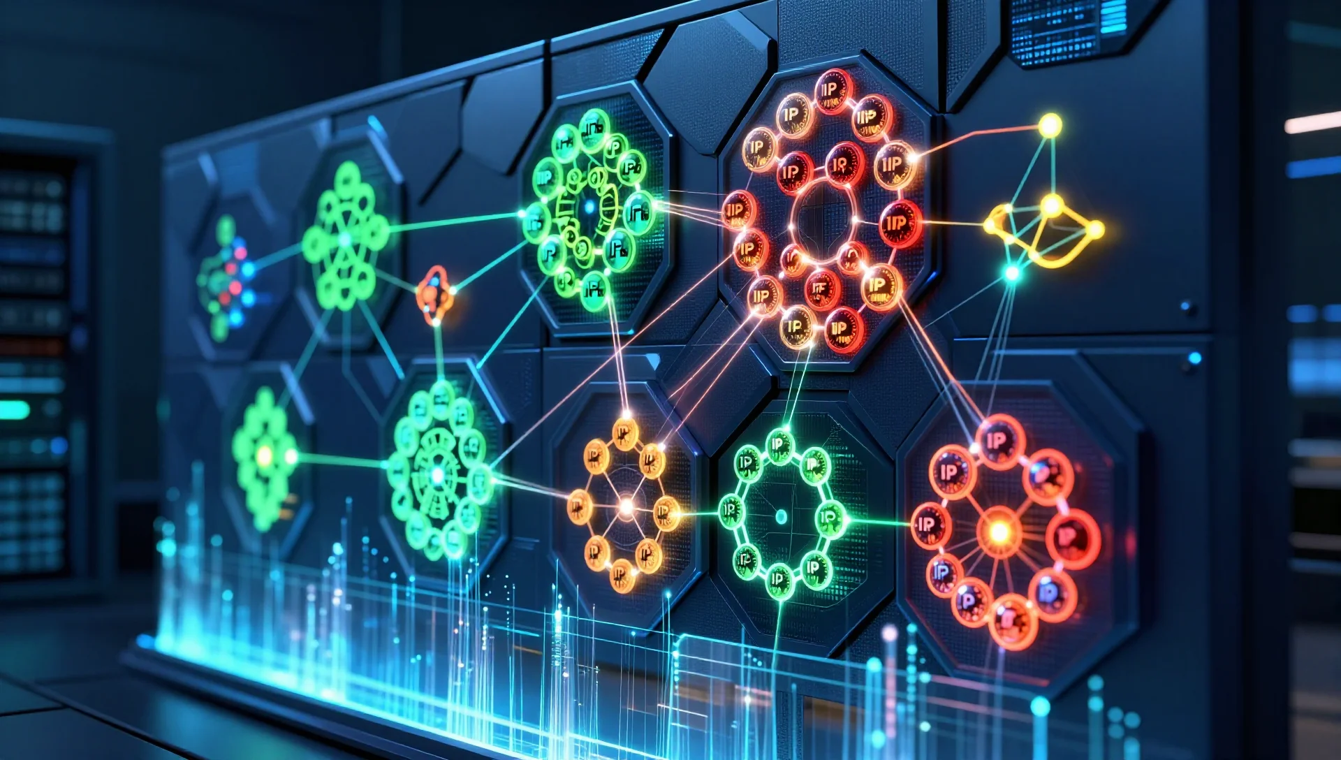 Glowing network firewall shields with clustered IP address groups connected by security policy lines.