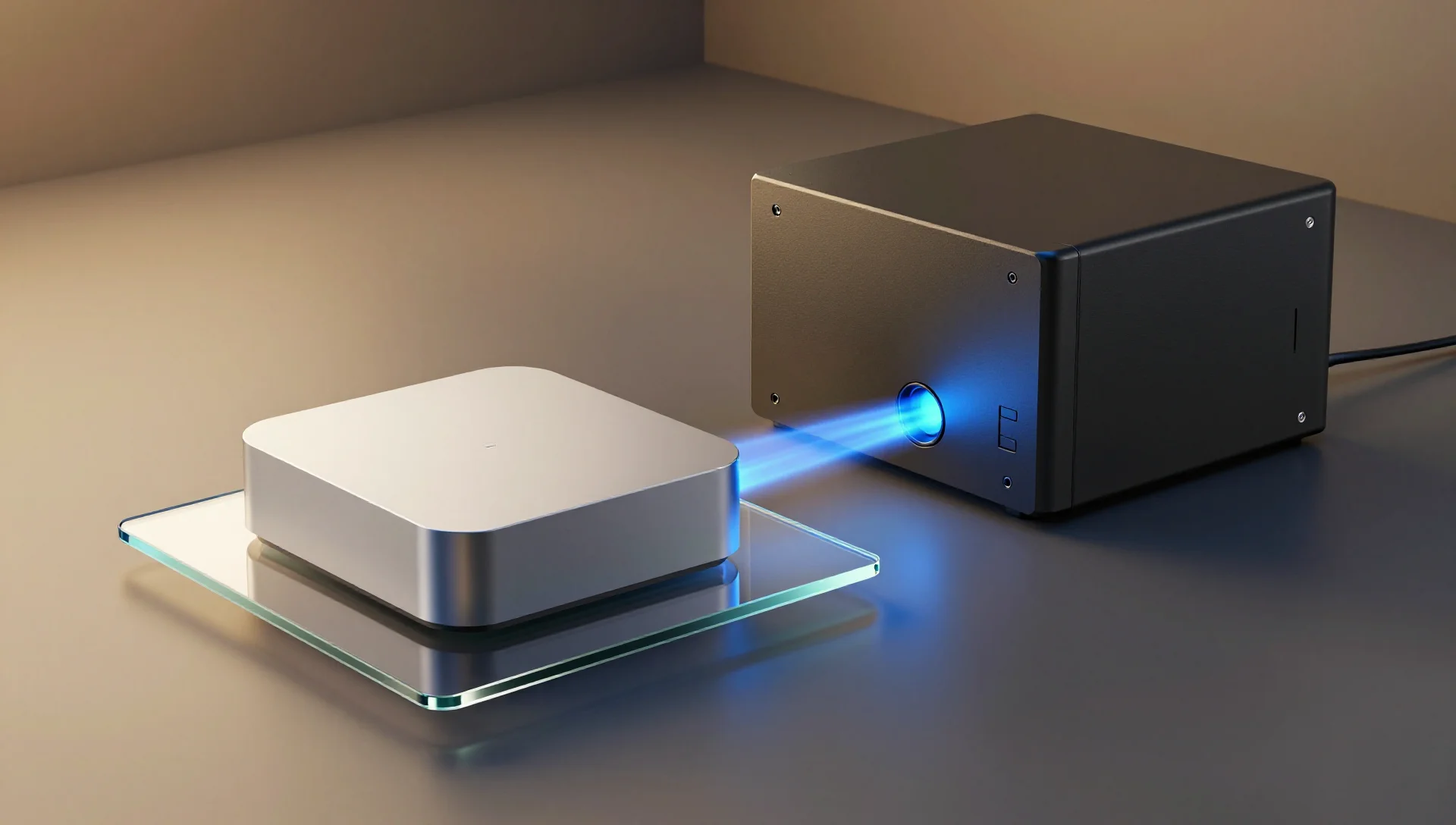 Silver Mac mini-shaped object floats on translucent glass, connected by a beam of light to a dark server block.