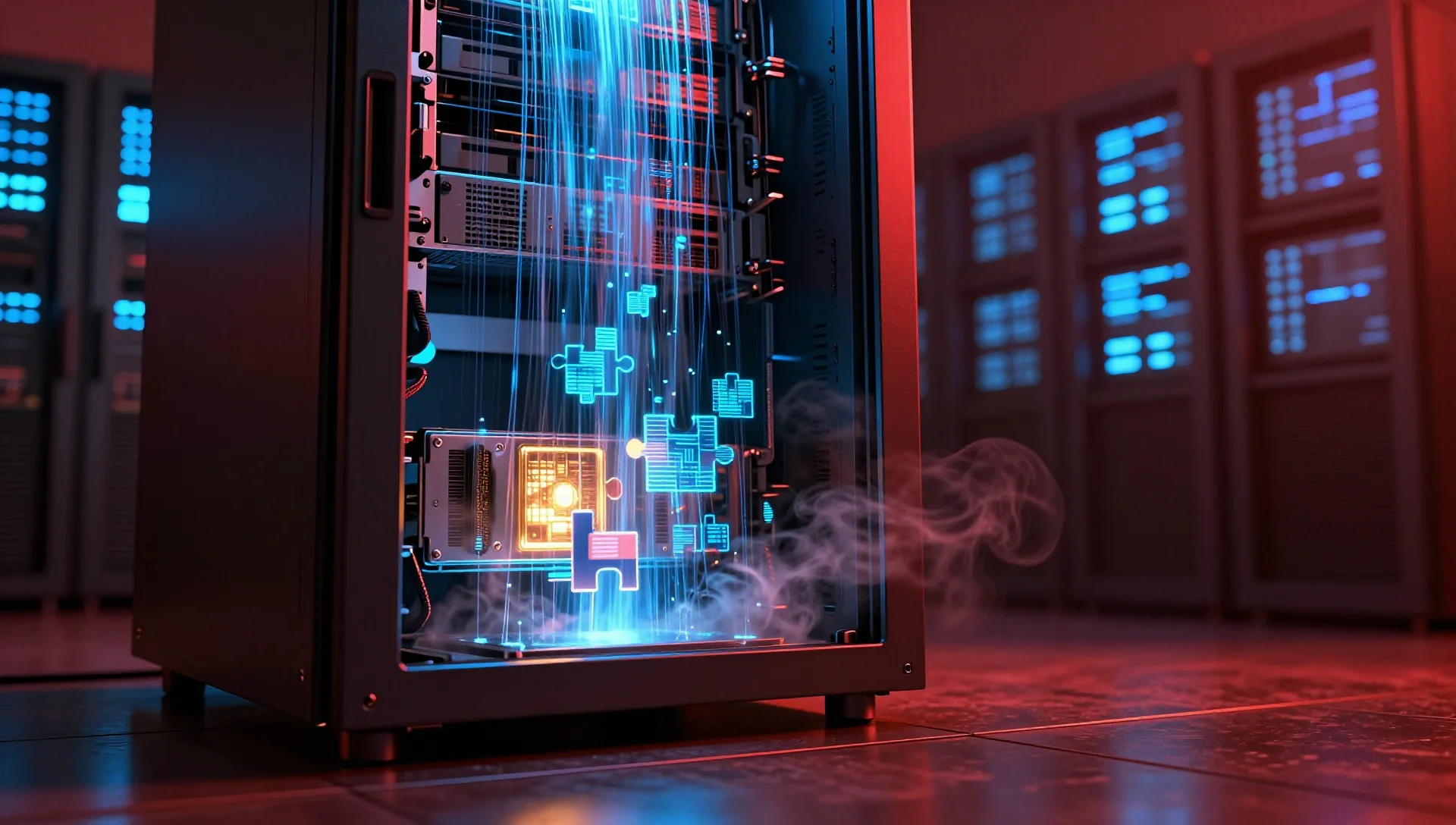 Server rack under red emergency lighting with blue data streams representing disaster recovery restoration.