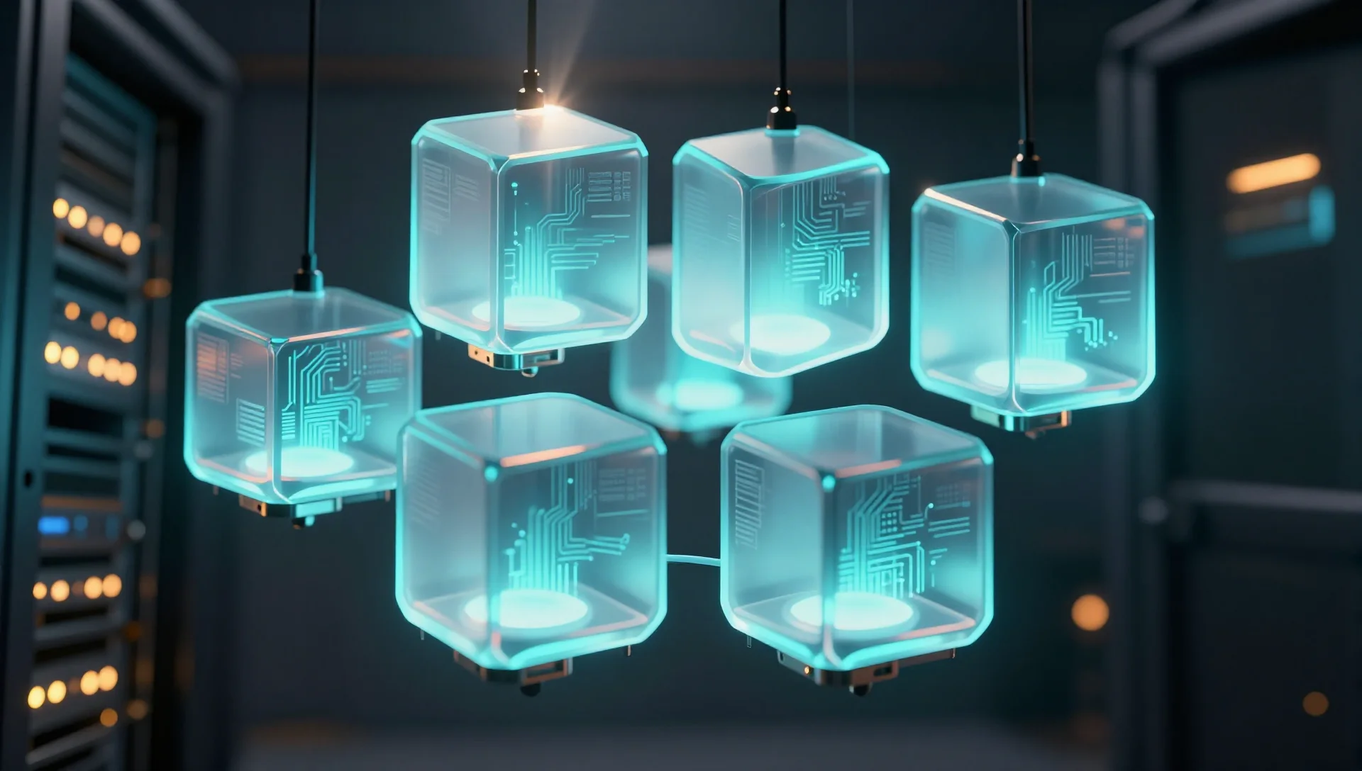 Six glowing translucent virtual containers arranged in a honeycomb pattern in a dark server room.