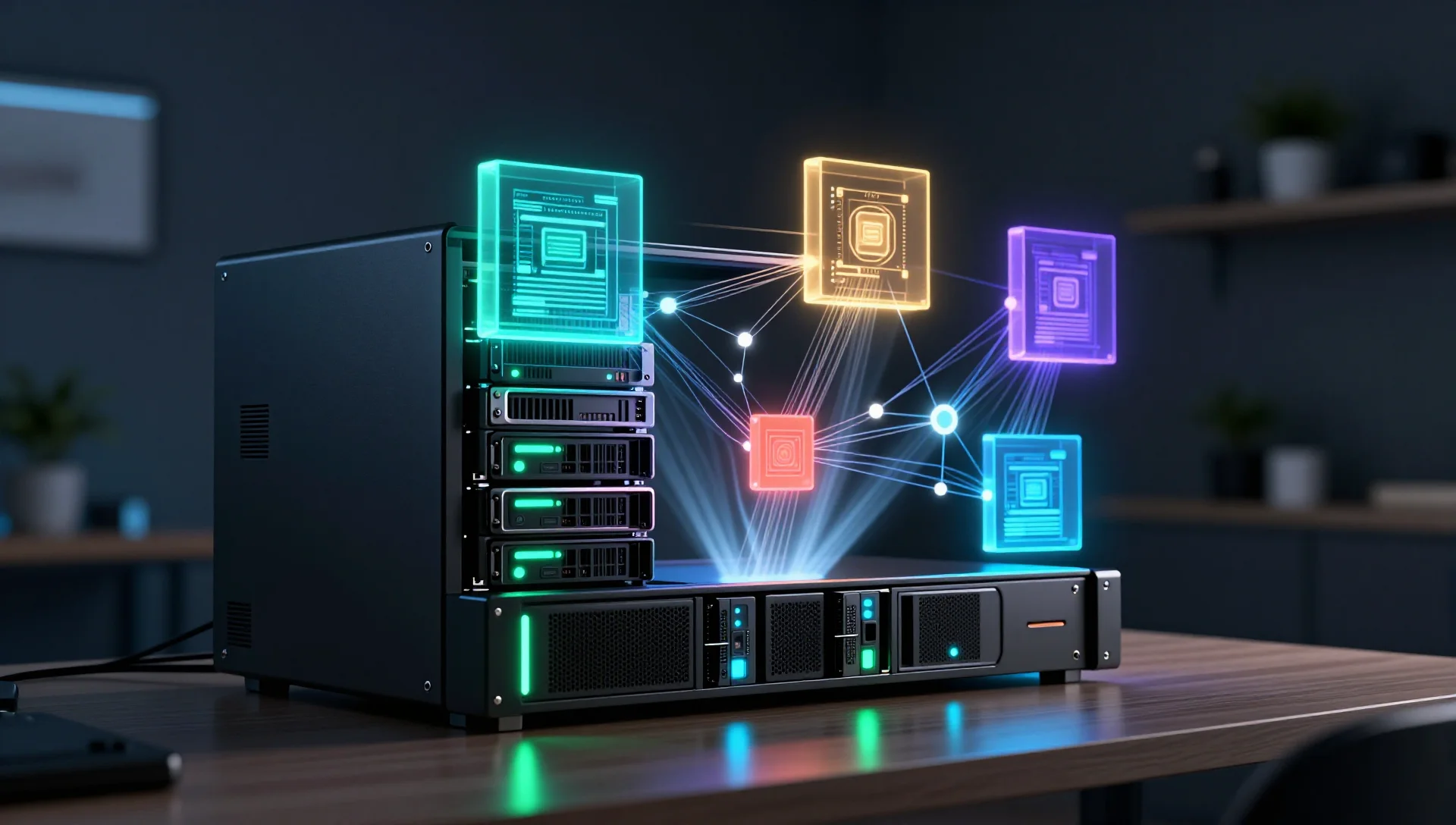 Five glowing virtual machine nodes interconnected by data streams above a home server rack.