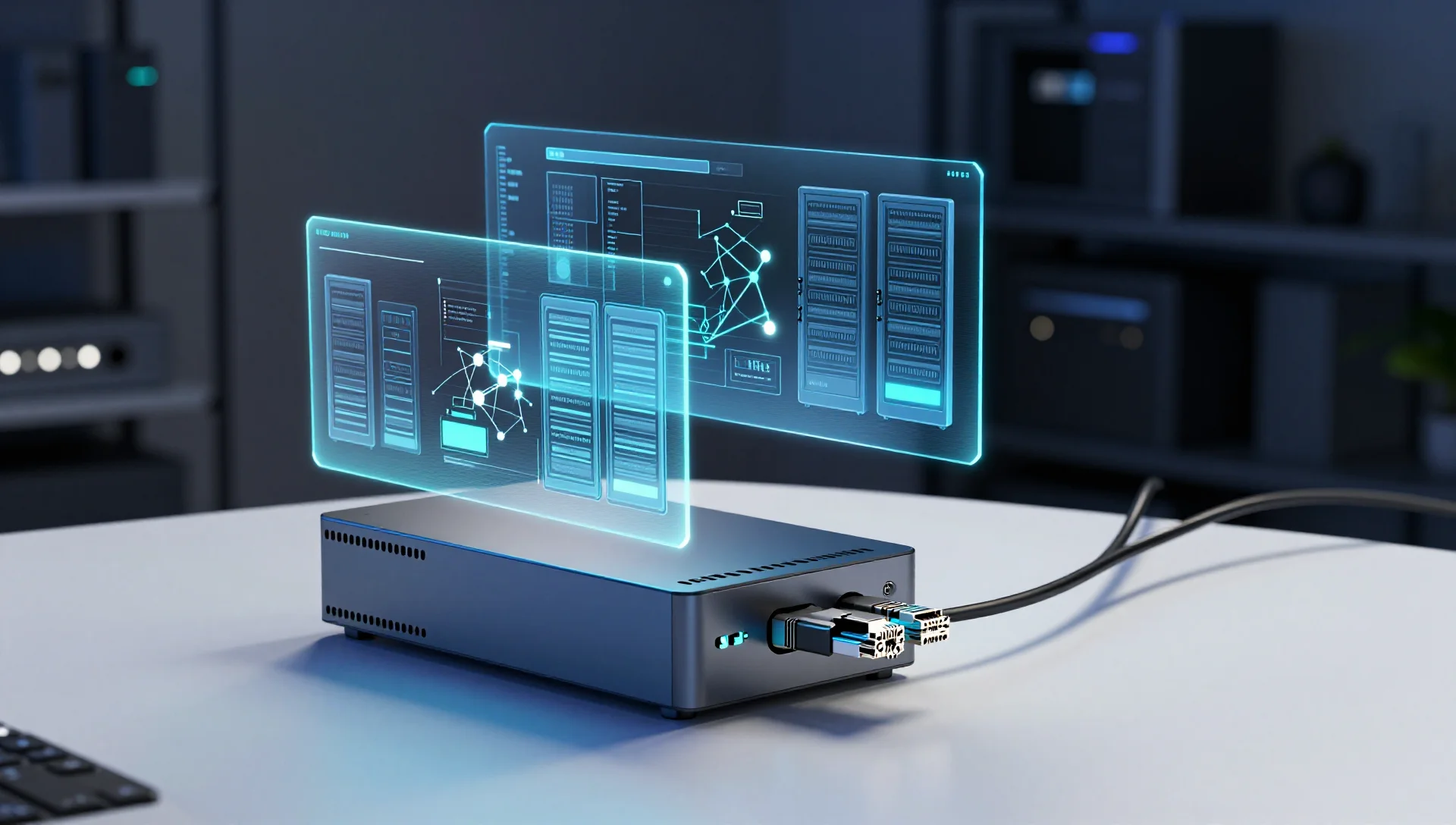 Compact Intel N100 mini PC with glowing holographic virtual machine panels in a home lab setting