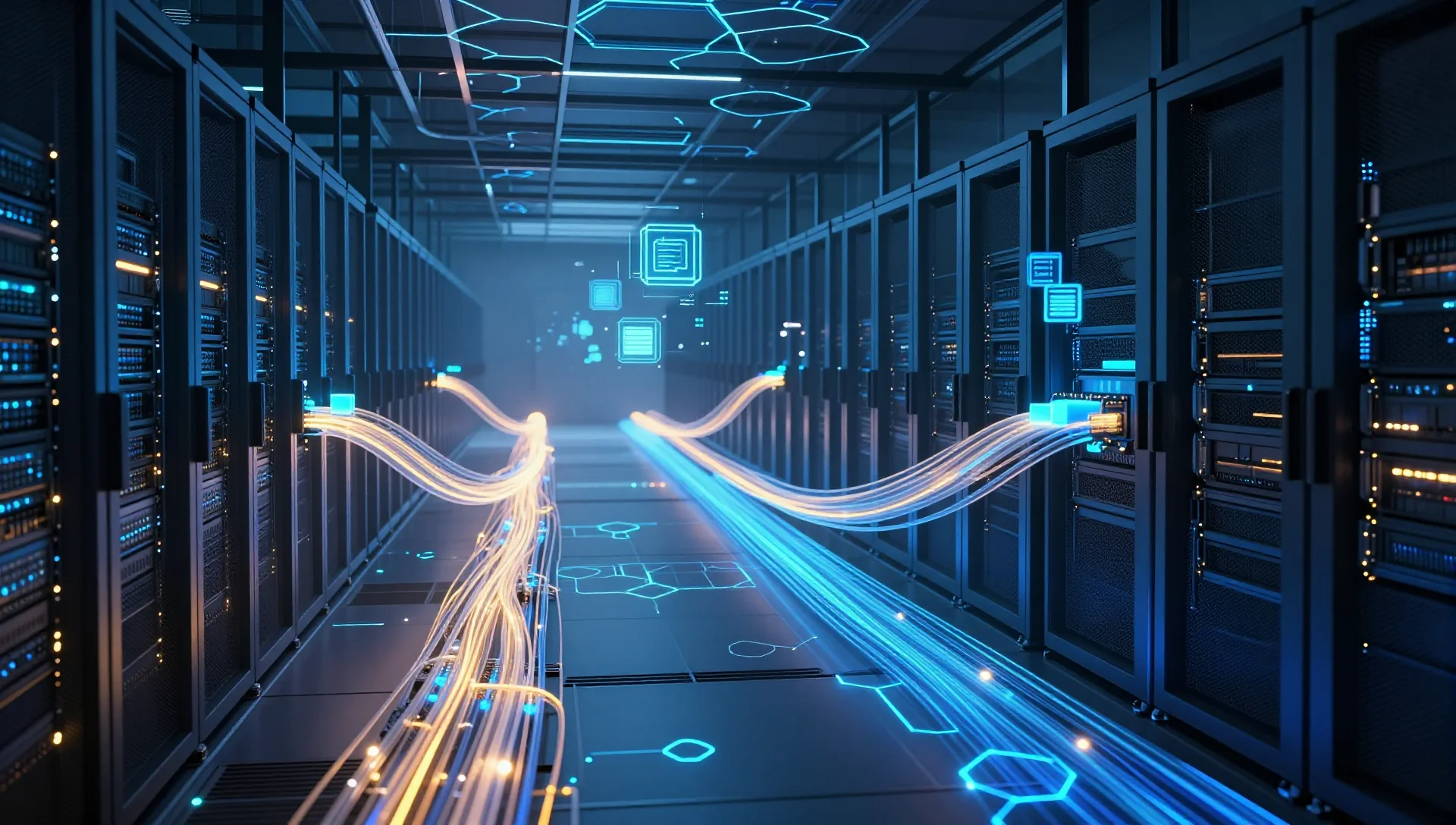 Dual-stream glowing network cables connecting virtual machines and containers in a dark server room.