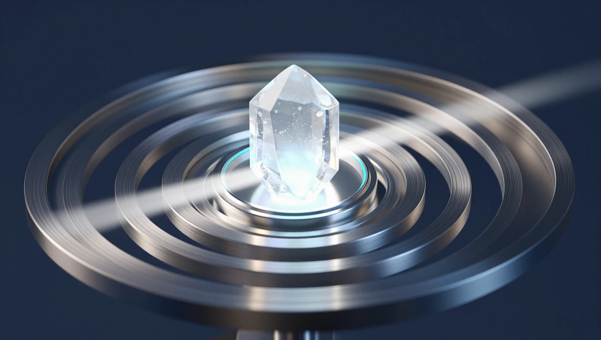 Crystal core with rotating rings and light pulses representing low latency and efficient data flow.