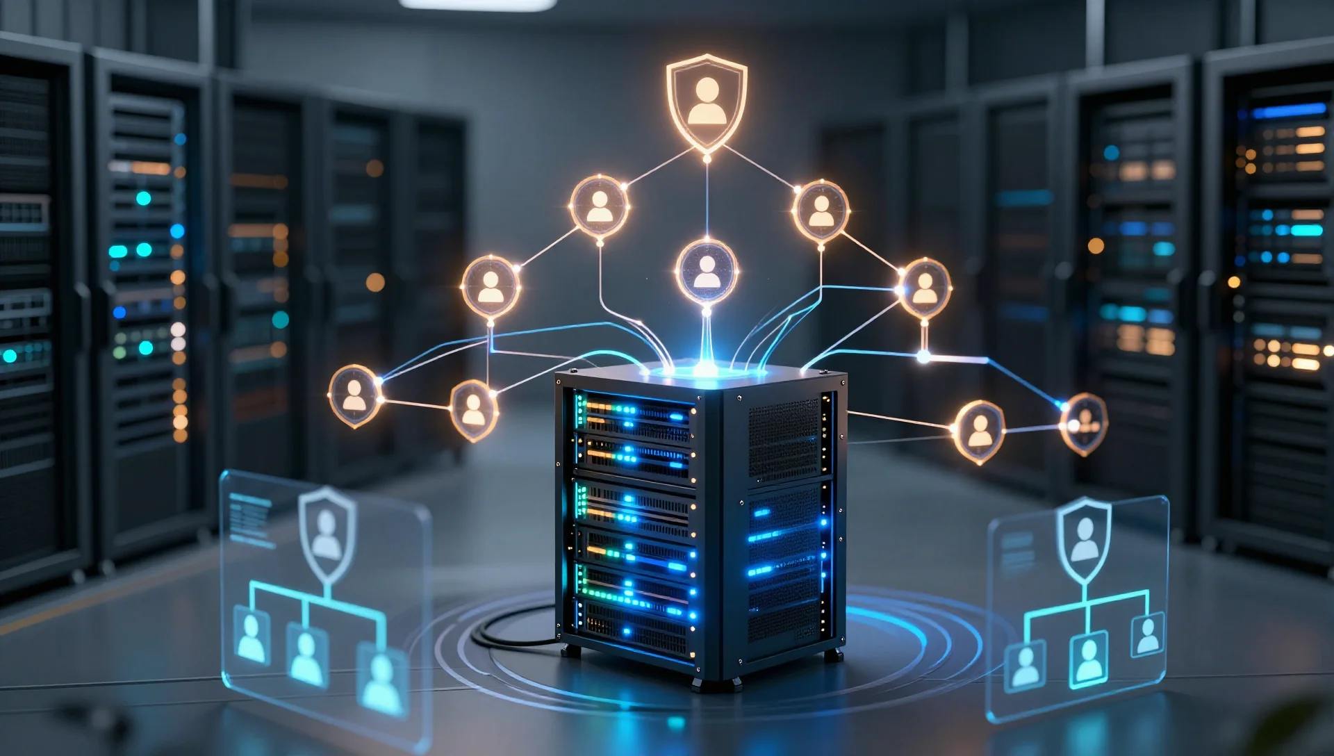 Glowing server nodes connected by luminous data streams in a secure directory hierarchy visualization.