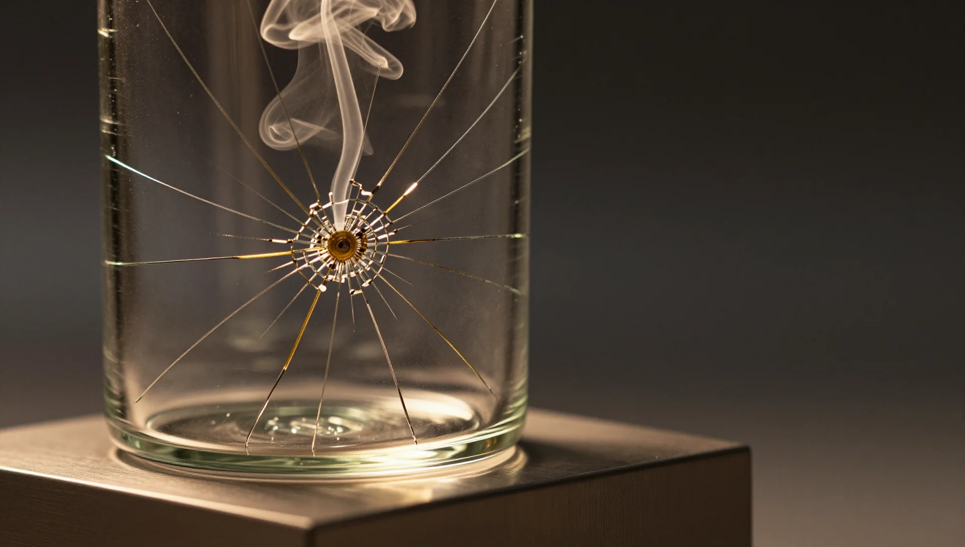 A glass vessel with visible cracks releasing vapor against dark gradient background