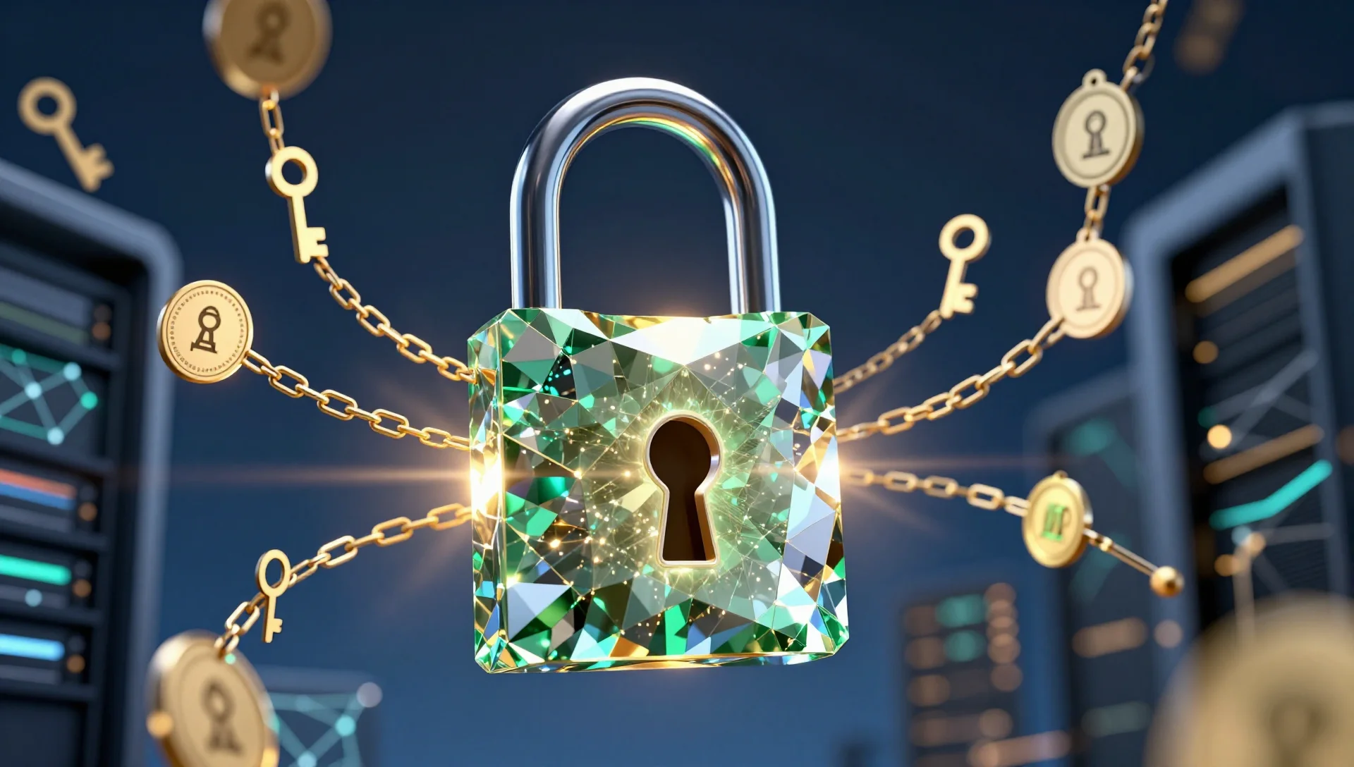 A crystalline geometric padlock with glowing certificate chains symbolizing SSL encryption.