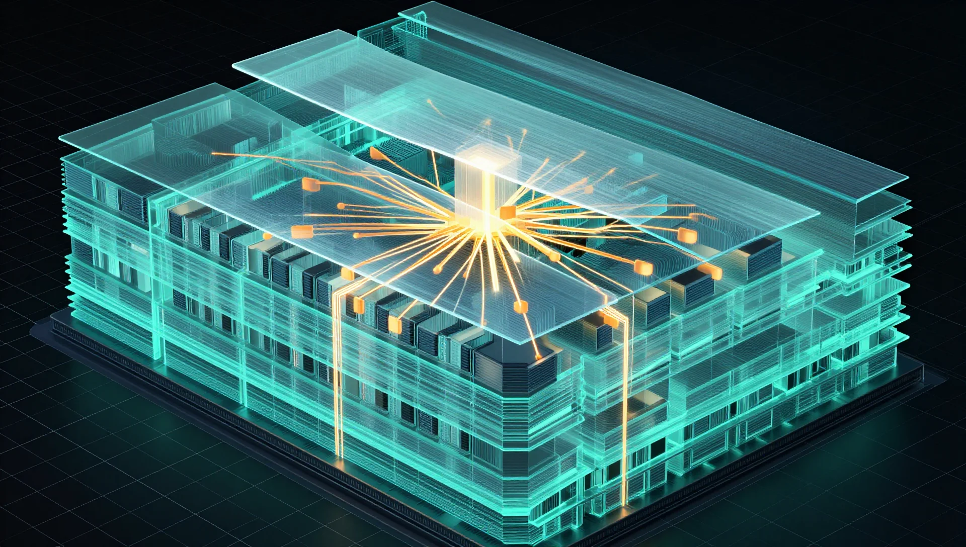 Isometric cutaway of layered storage blocks with glowing copy-on-write snapshot branches.