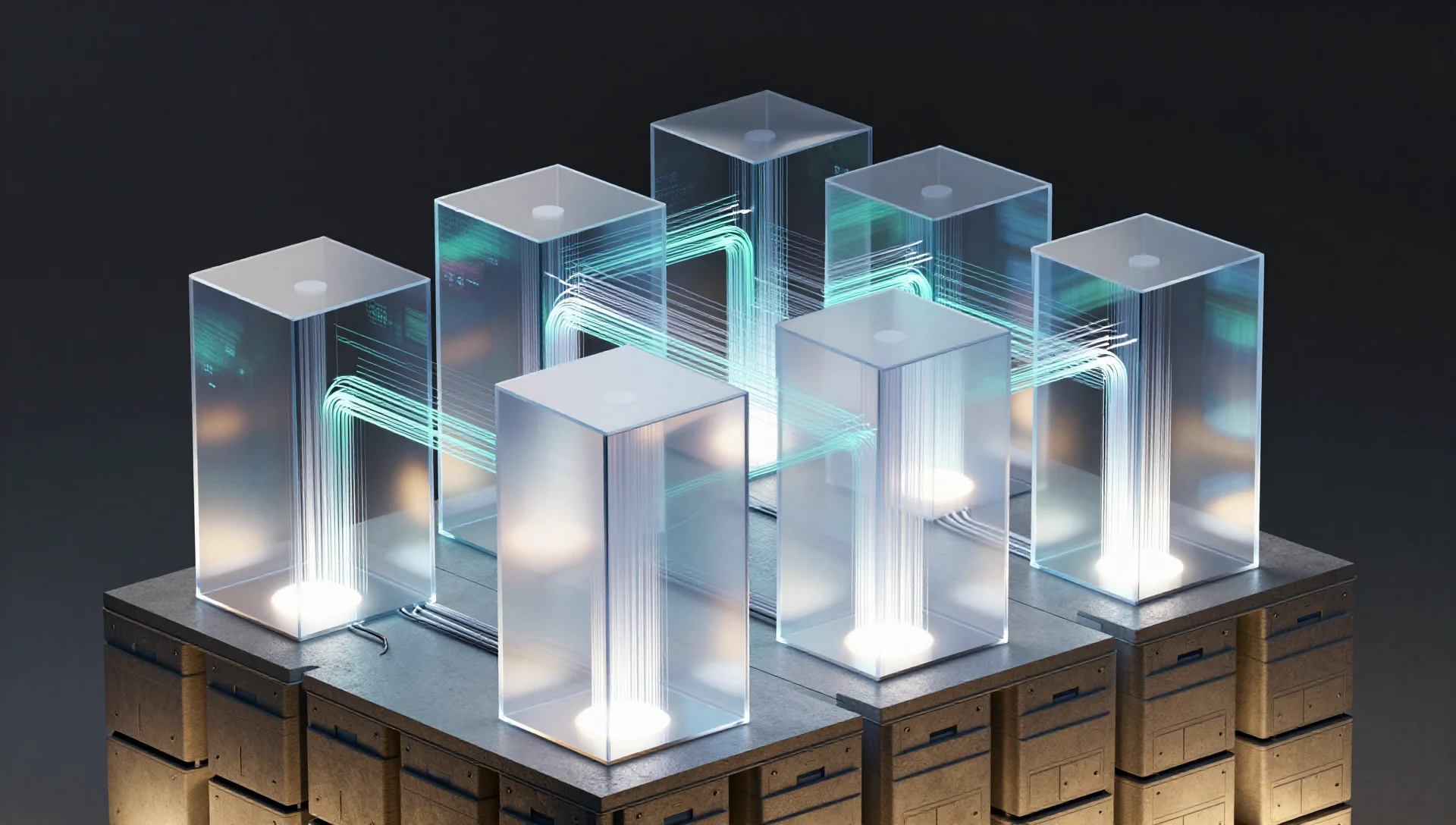 Layered transparent containers connected by glowing conduits to a solid host storage platform.