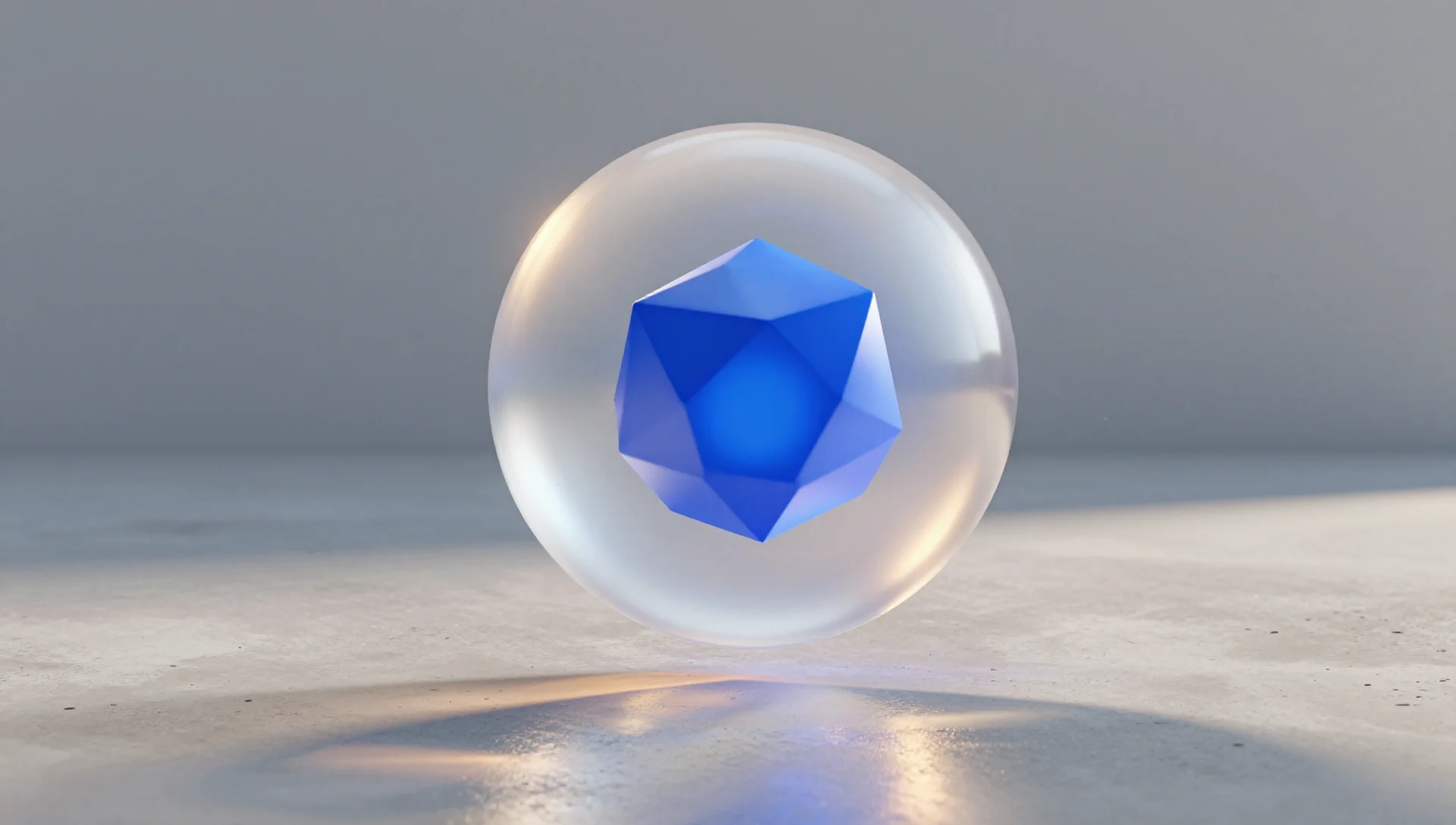 A translucent white sphere floats above concrete, holding a glowing blue core representing lightweight Docker inside LXC.