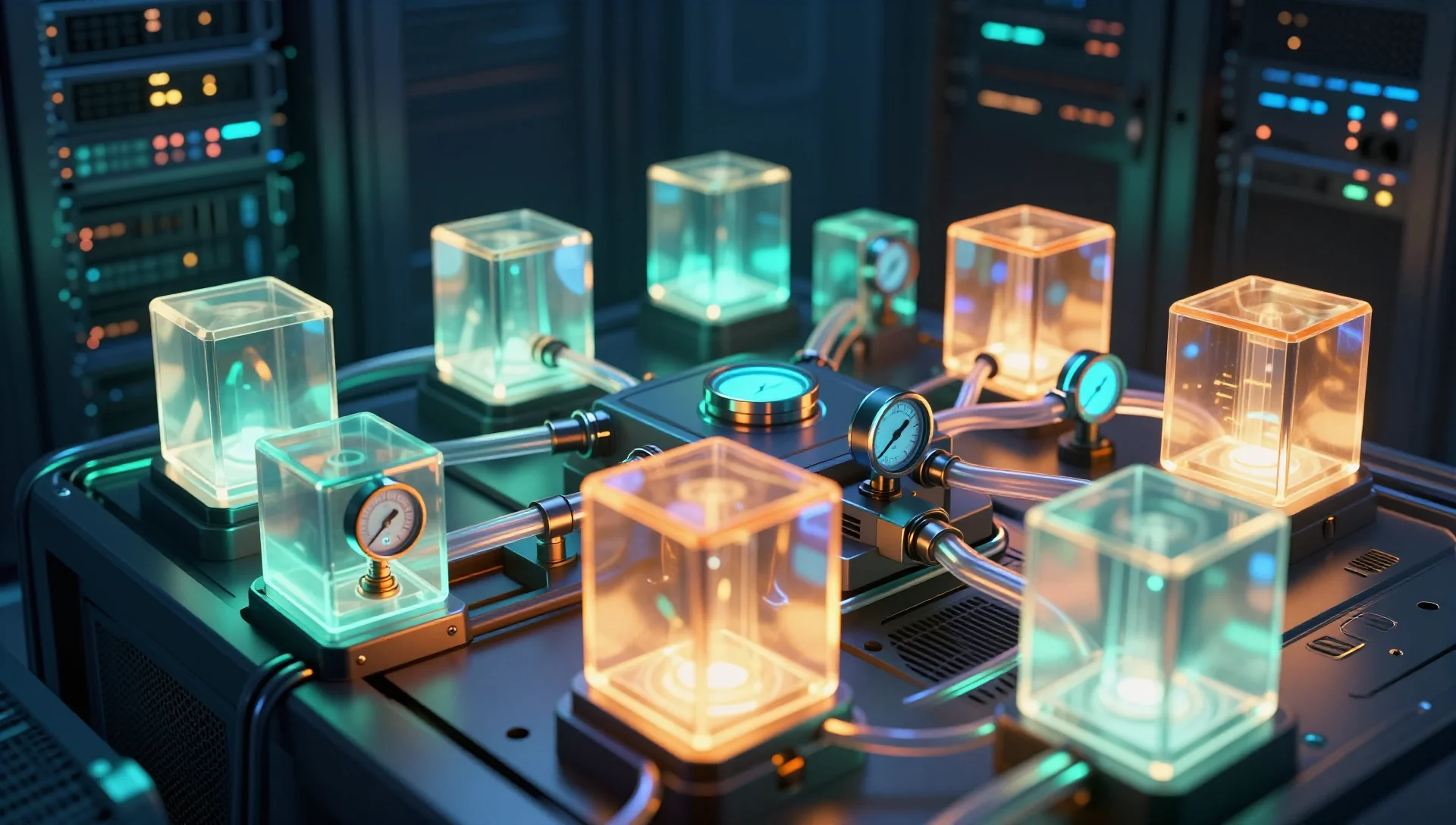 Glowing server containers with throttled energy conduits and resource control gauges in a dark rack.