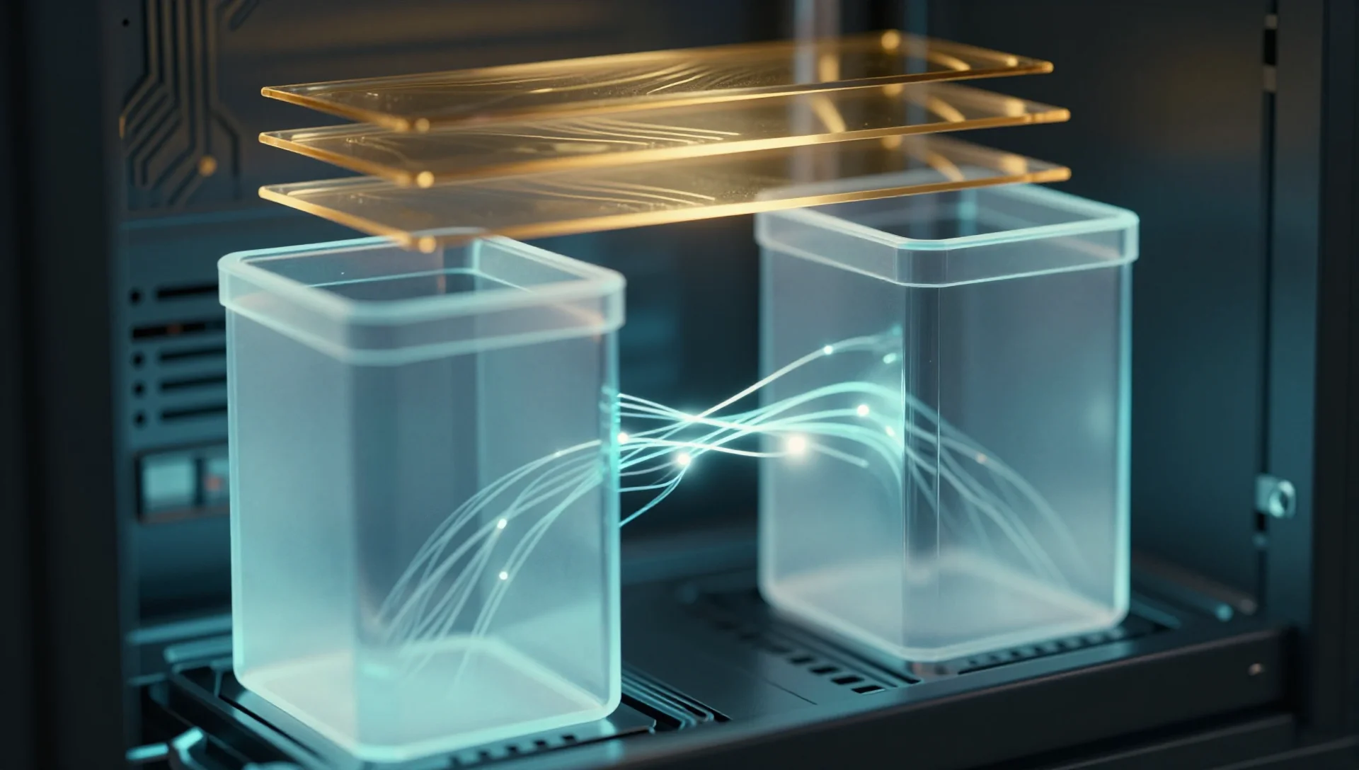 Glowing server containers splitting into clones with layered snapshot halos above them.