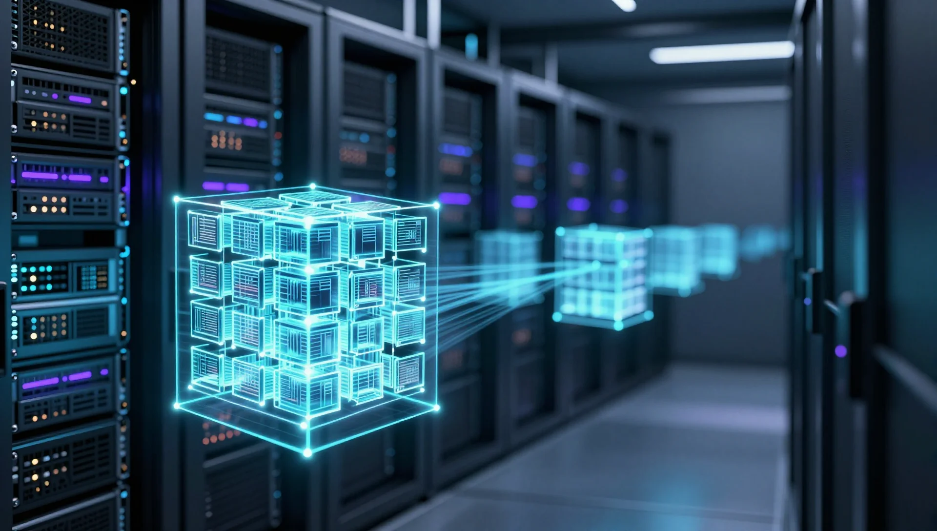 Holographic blueprint cube replicating into multiple identical containers in a glowing server room.