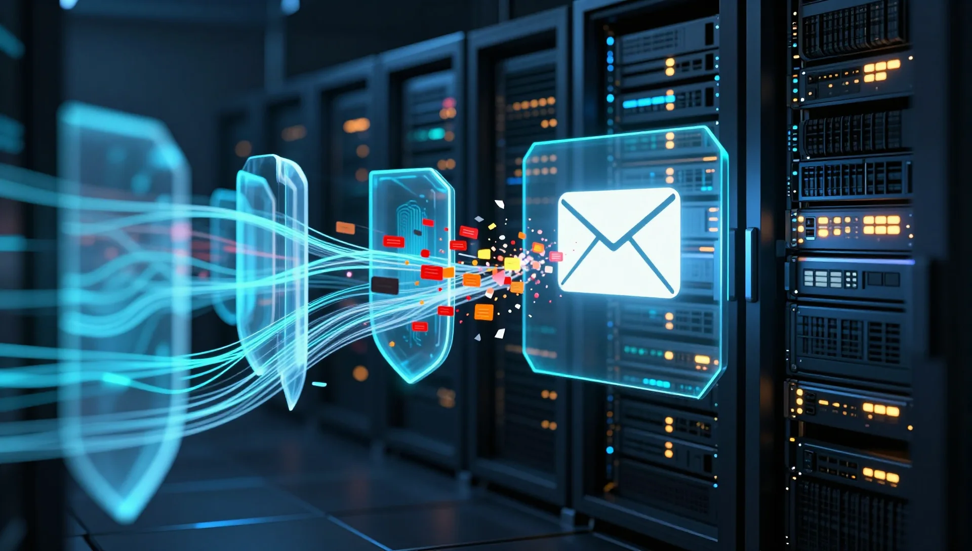 Glowing network security gateway blocking malicious email packets before reaching a mail server.