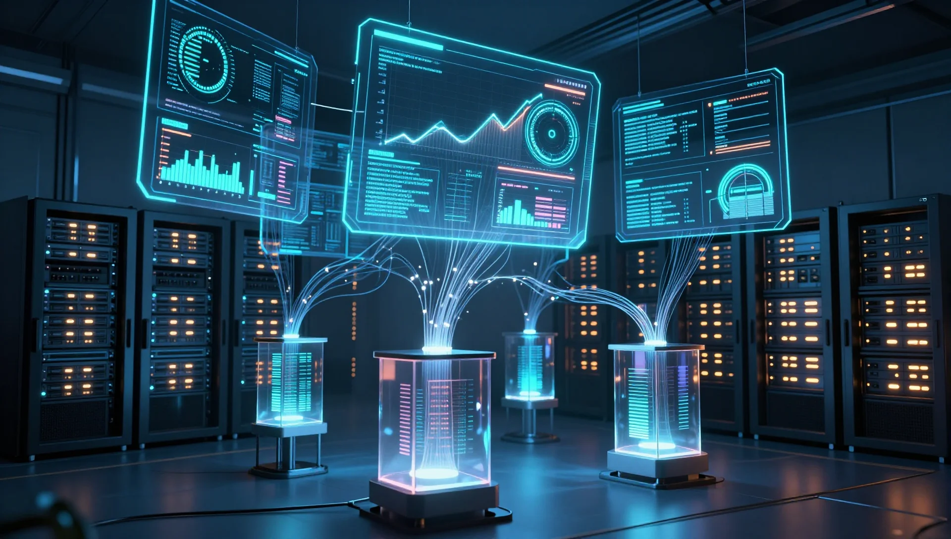 Futuristic server room with holographic monitoring dashboards, glowing data streams, and containerized workloads.