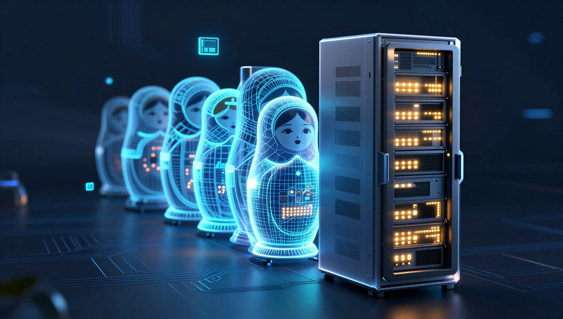 Nested translucent server racks glowing inside each other, representing layered virtual machines in a homelab.
