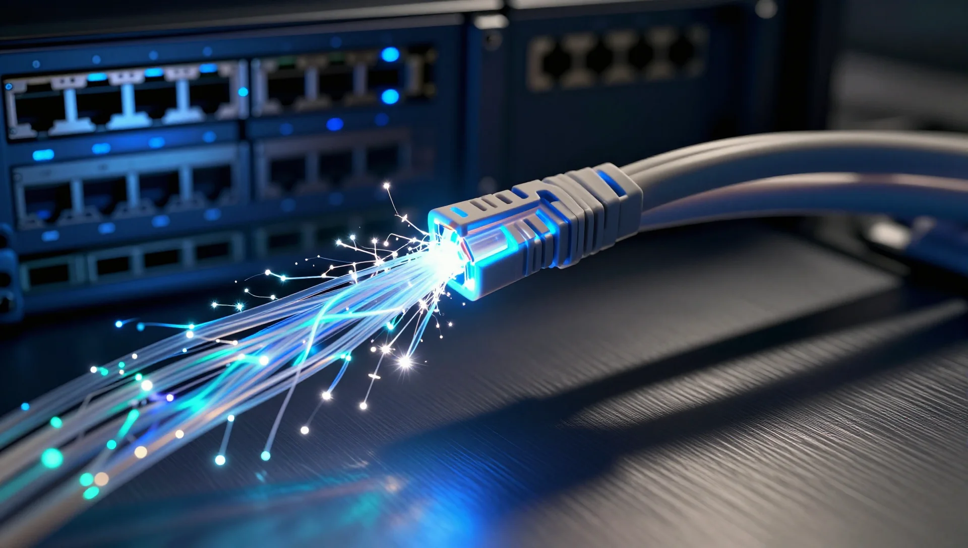 Bundled network cables with glowing data streams showing redundant failover connectivity in a server rack