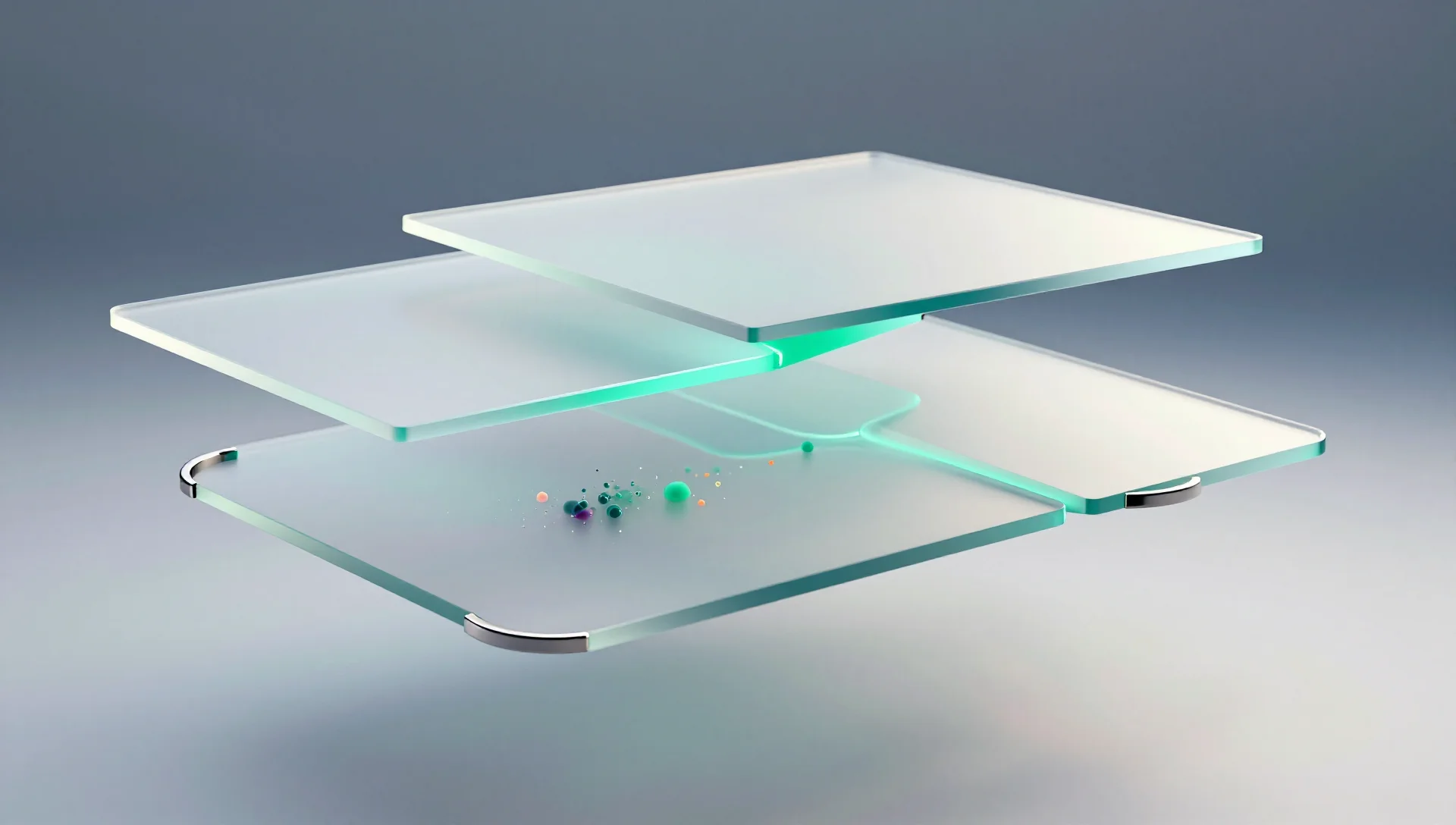 Abstract glass planes floating with glowing seams, symbolizing network traffic isolation and security.