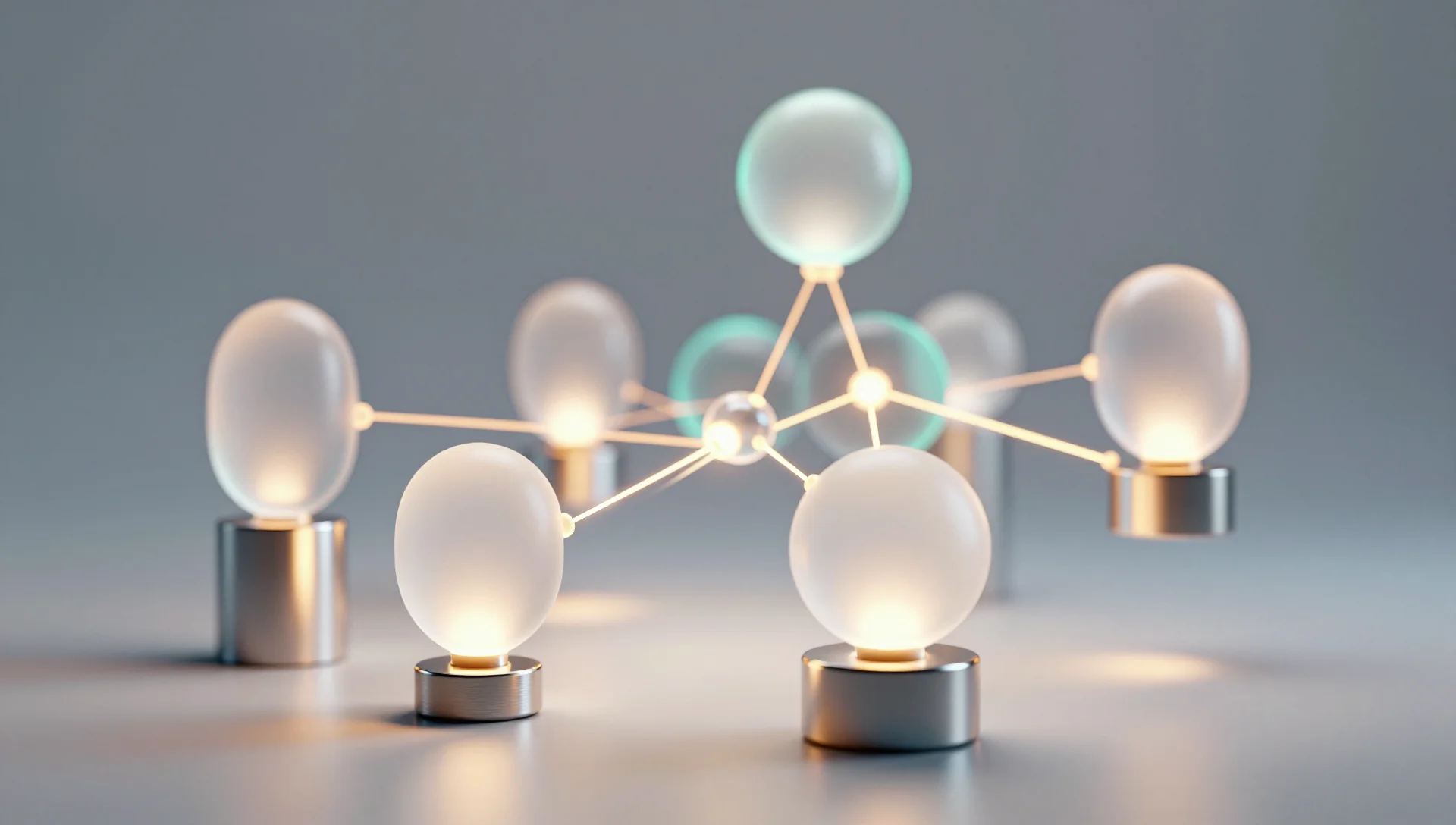 Floating frosted glass pods connected by glowing strands represent isolated, secure network workloads.
