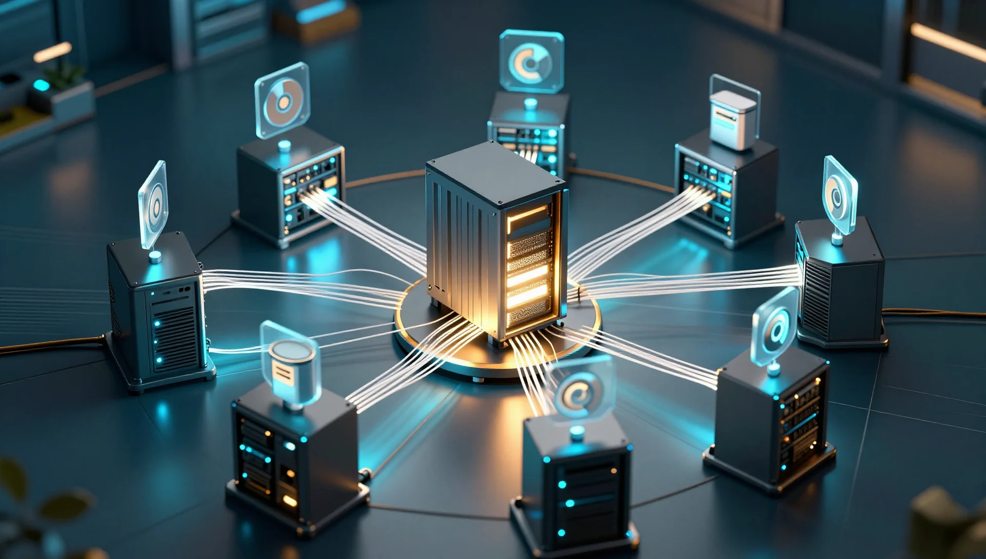 A central NAS storage tower connected by glowing fiber paths to surrounding Proxmox cluster nodes.