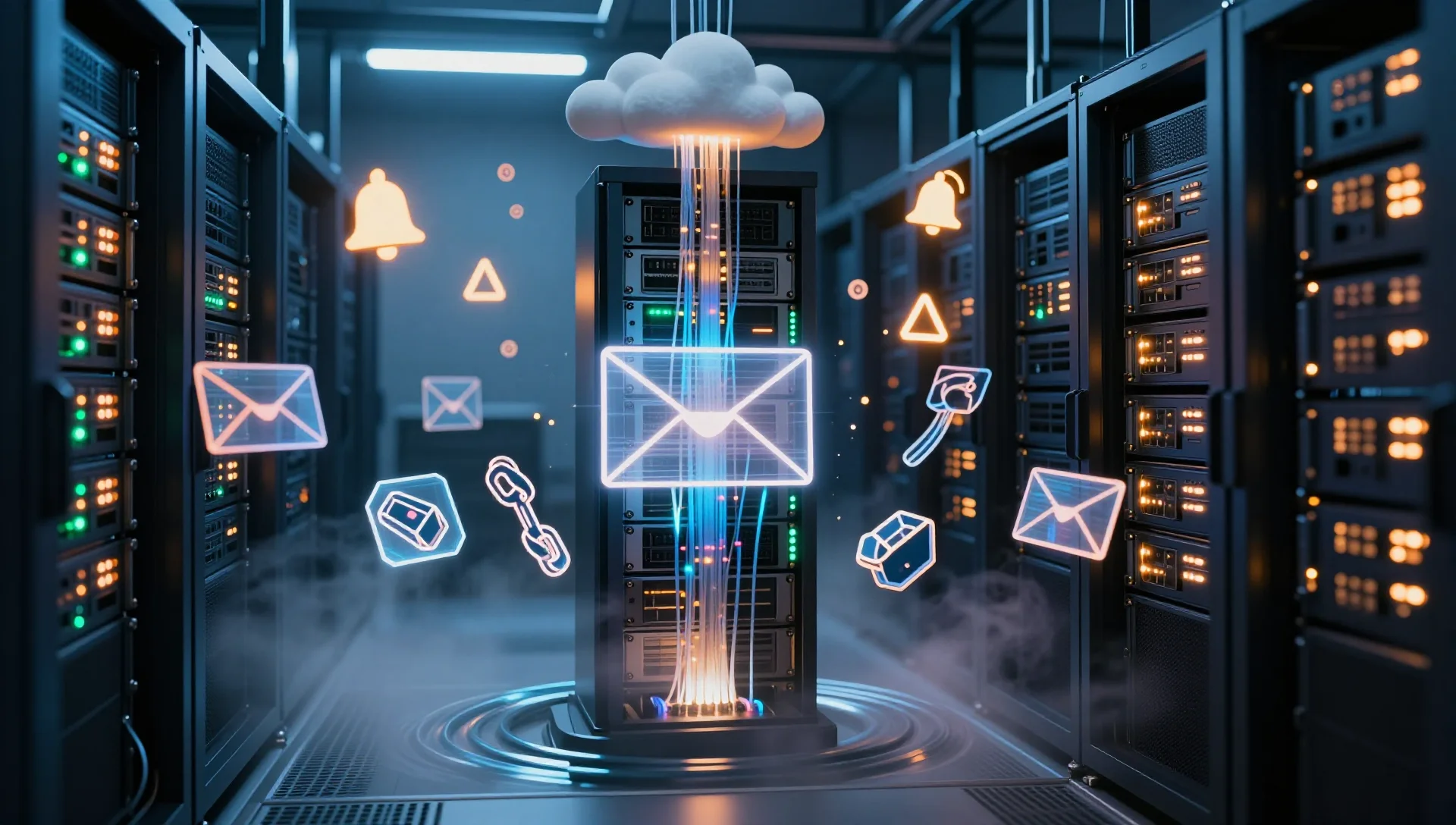 Glowing server racks emitting holographic alert envelopes and notification signals in a dark data center.