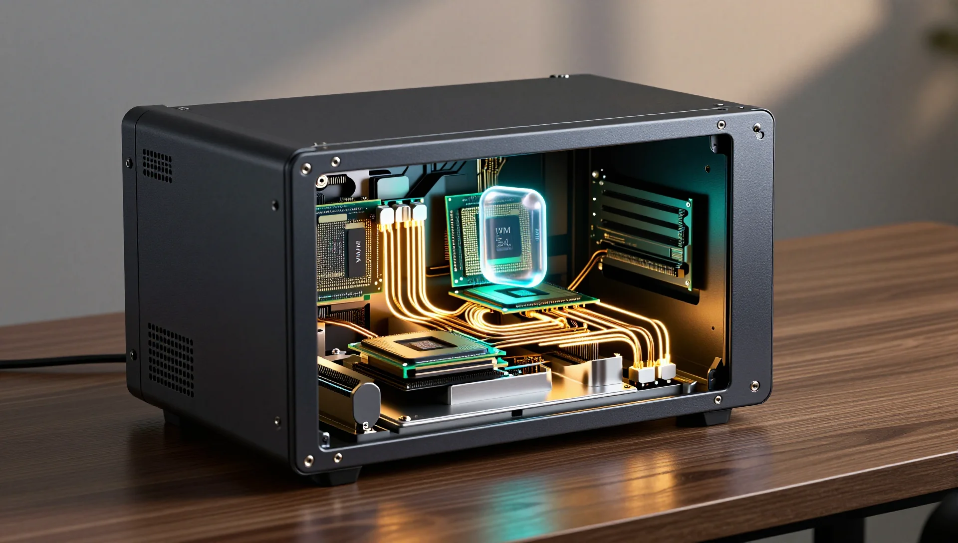 Server hardware showing processor blocks connected to memory modules by glowing golden pathways, representing NUMA node pinning.