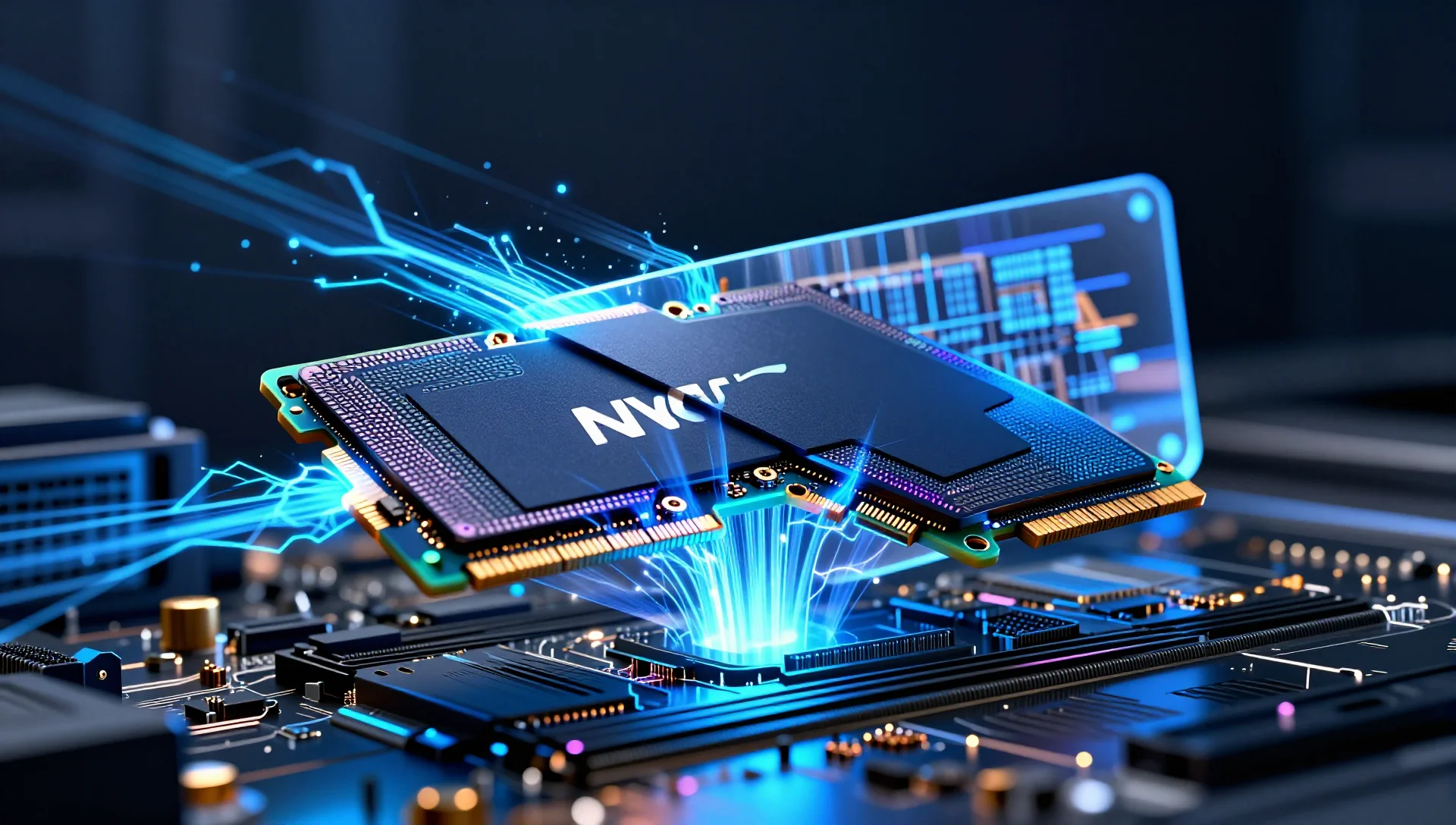 Glowing NVMe drive with electric data streams bypassing a virtual layer directly to hardware.