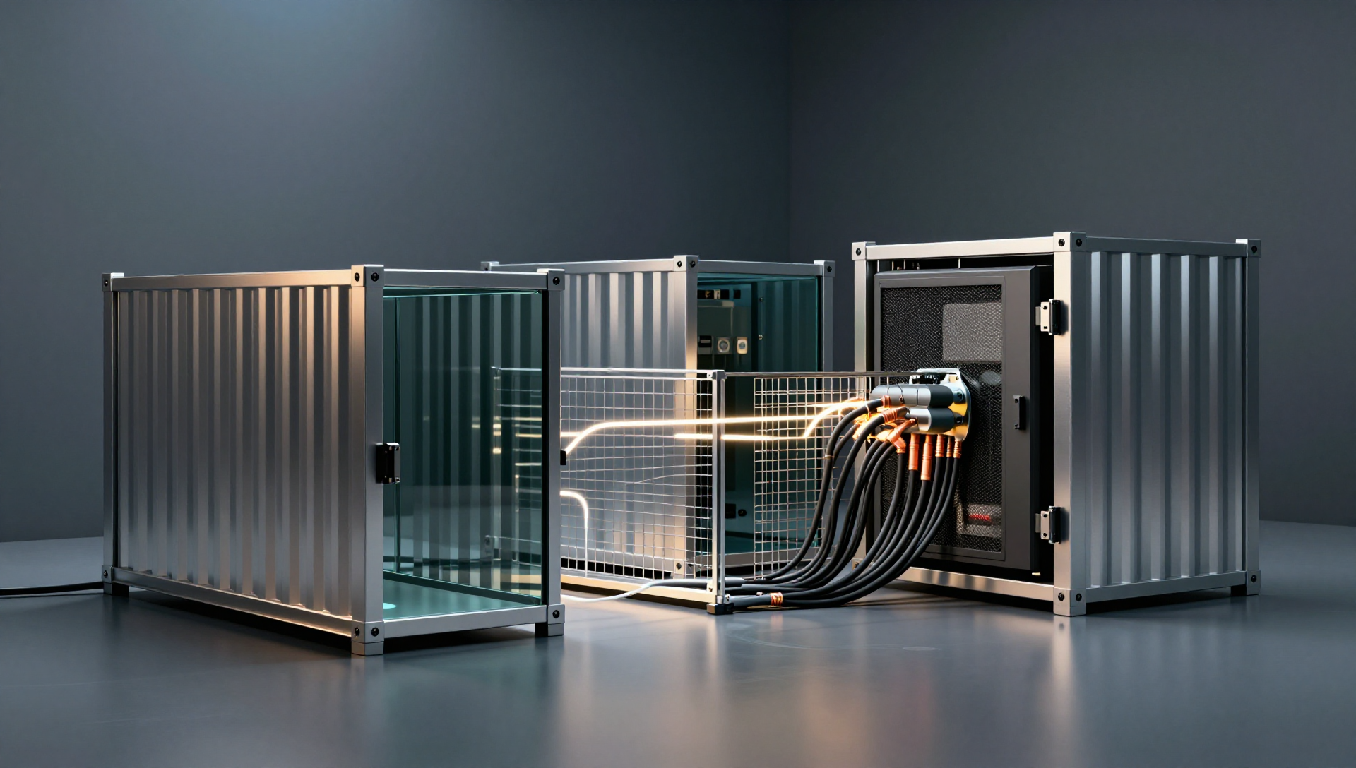 Three glass server modules, metallic mesh, and sealed vault in quiet tech room.