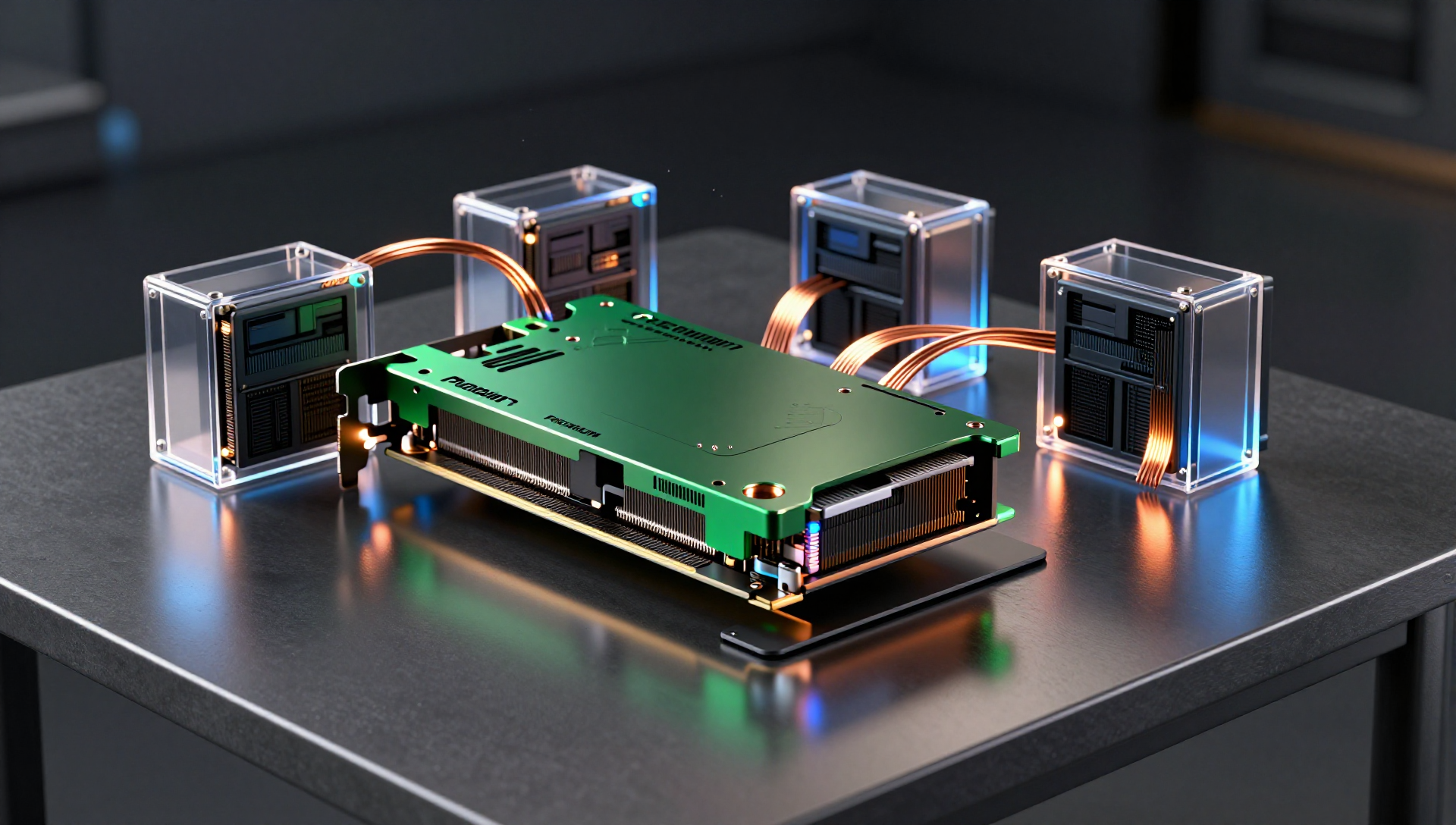 A graphics accelerator card connected to glass server container modules on a dark studio table.