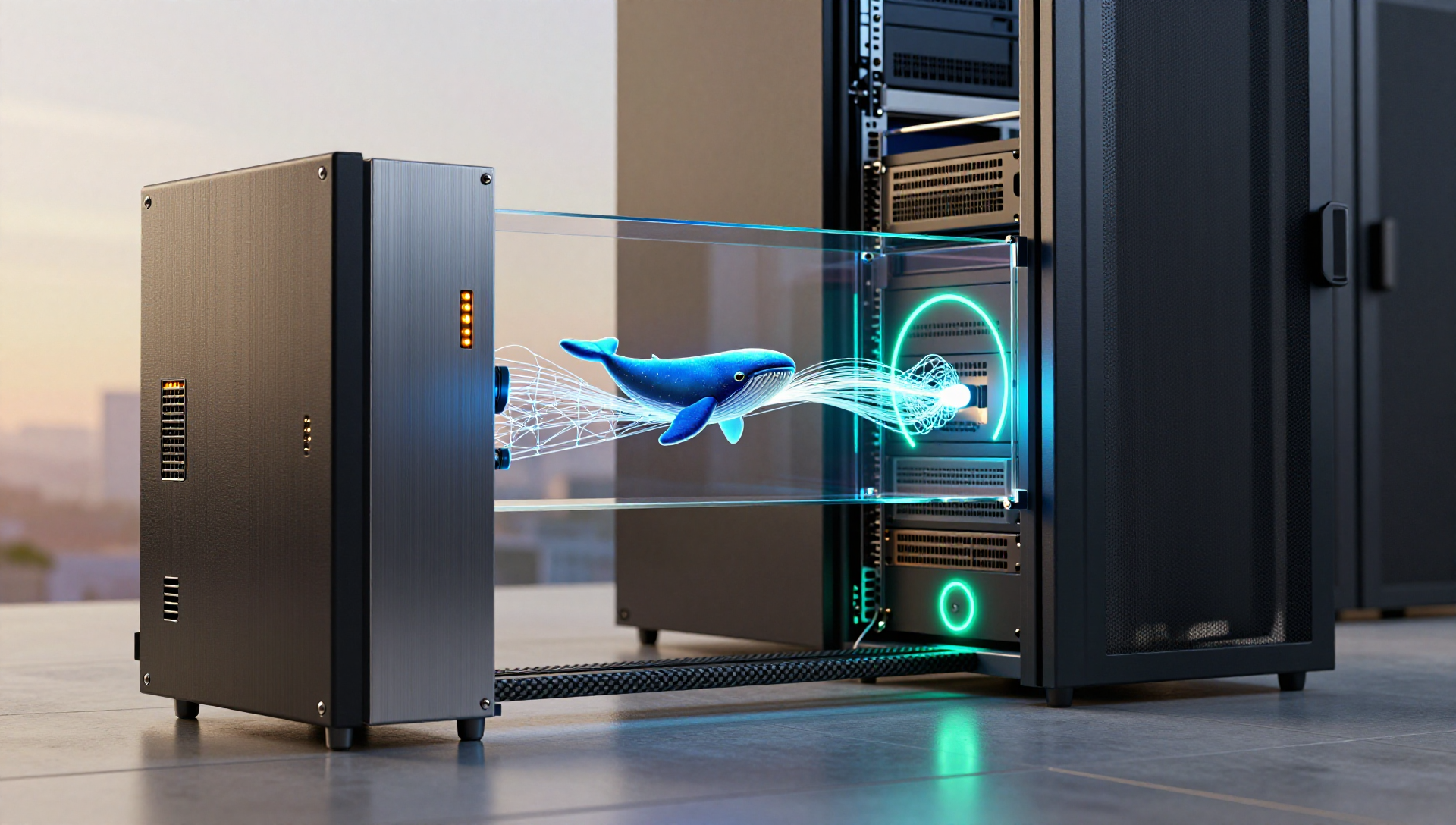 A dark server node beside a glowing spare node with a transparent container light bridge