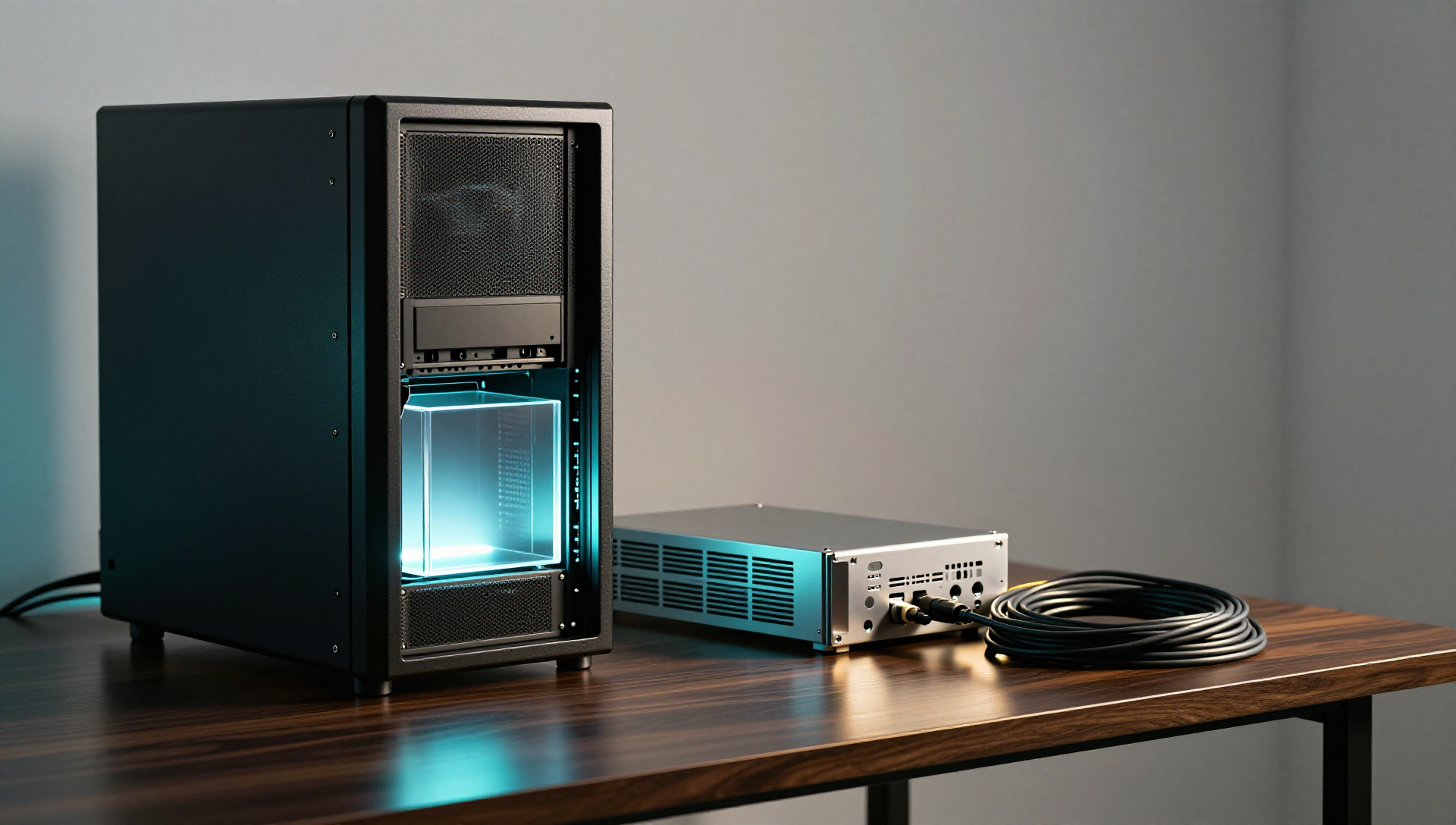 A glass cube on a dark table beside server hardware under cool cinematic lighting.