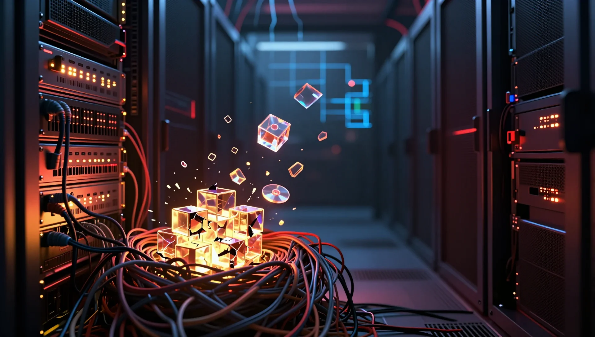 Crumbling server cluster nodes with warning lights and tangled cables in a dark data center.